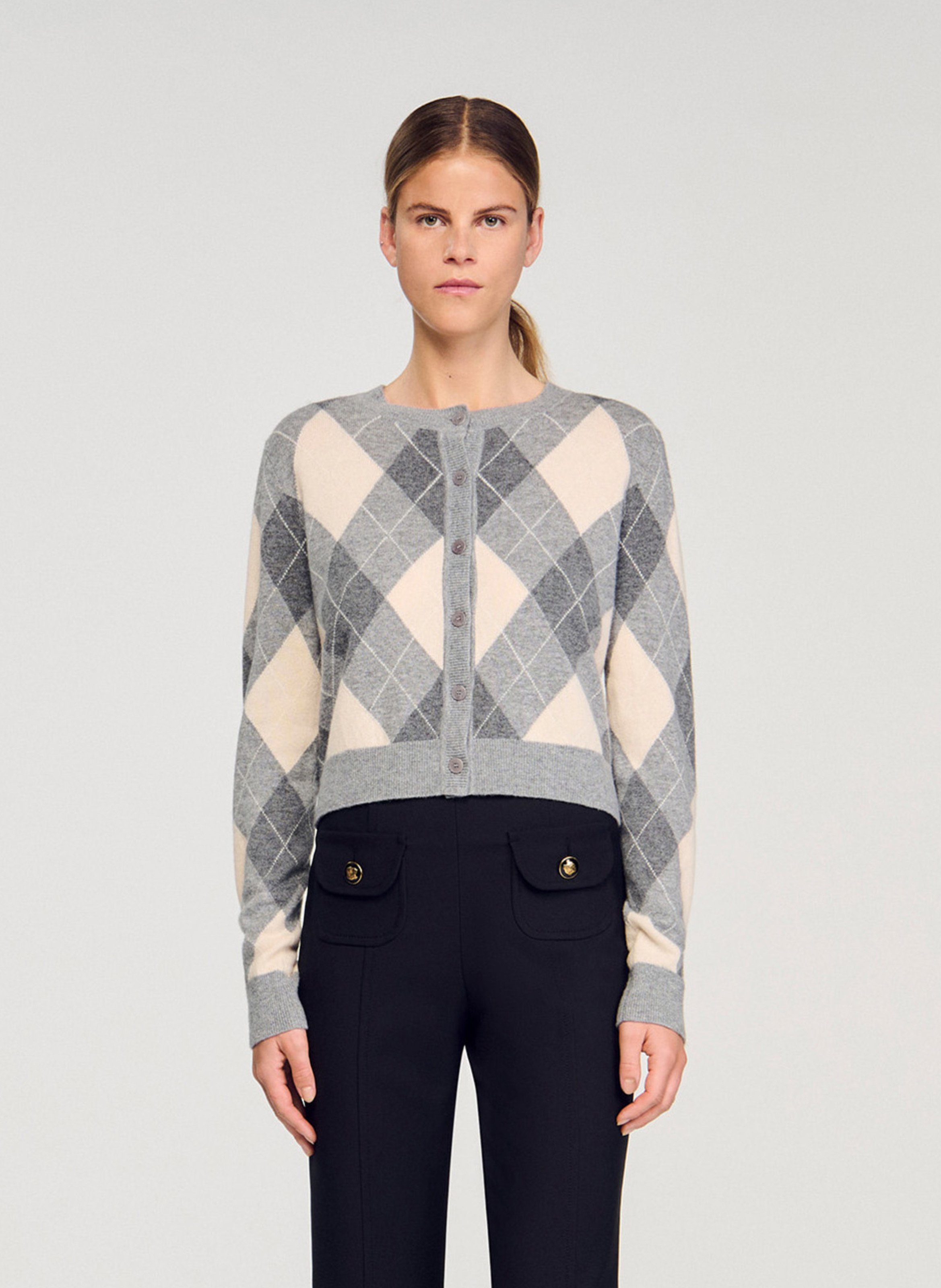 Cardigan court imprimé en laine mélangée SANDRO Gris