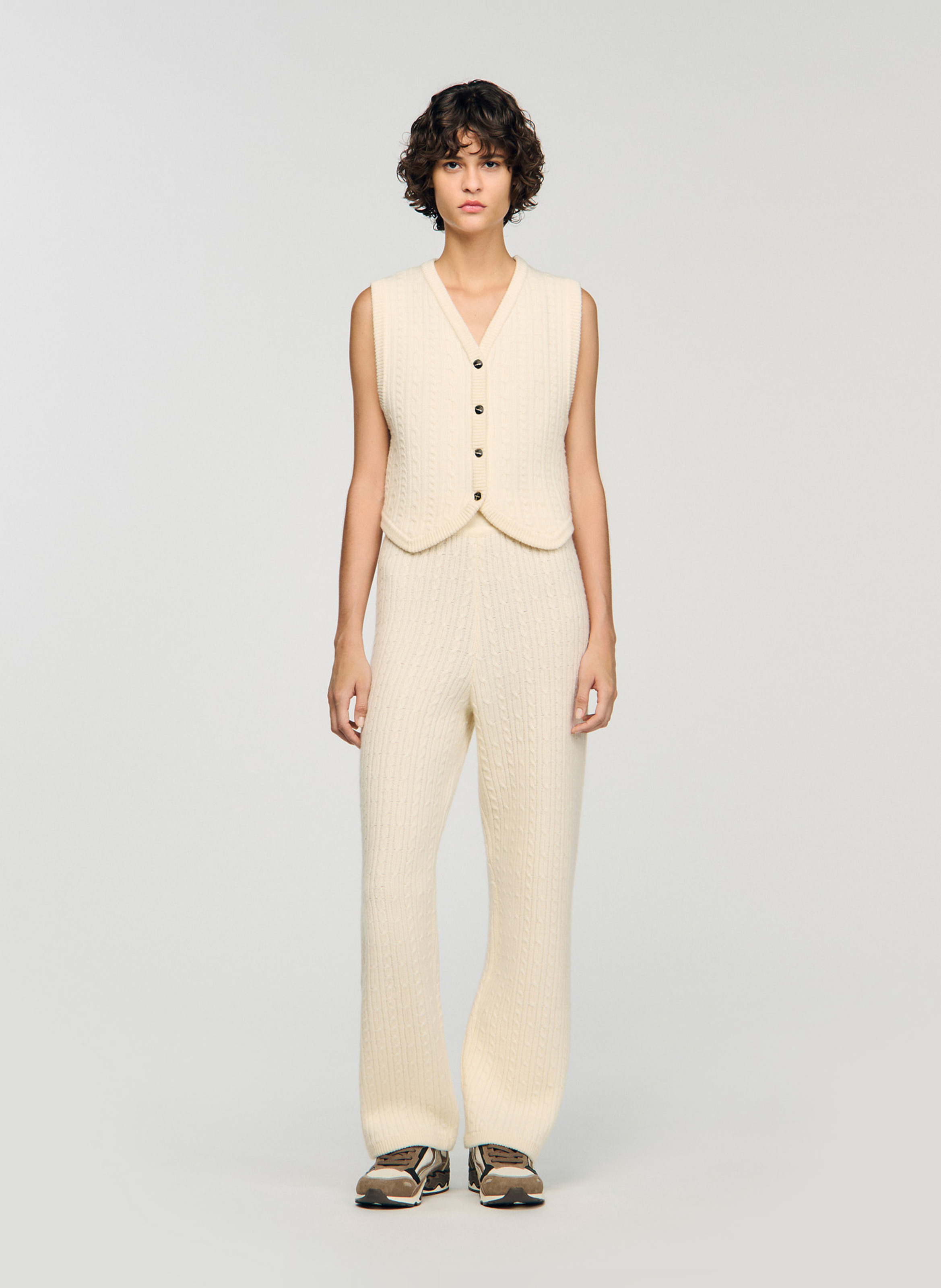 Gilet col v sans manches en laine mélangée SANDRO Blanc