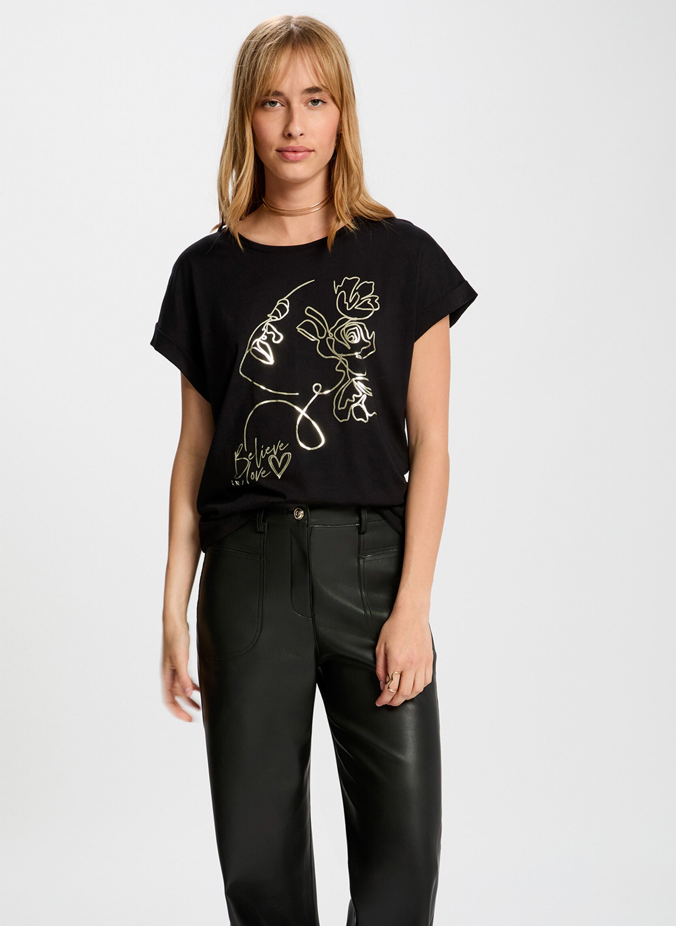 Tee-shirt col rond en coton mélangé MORGAN Noir