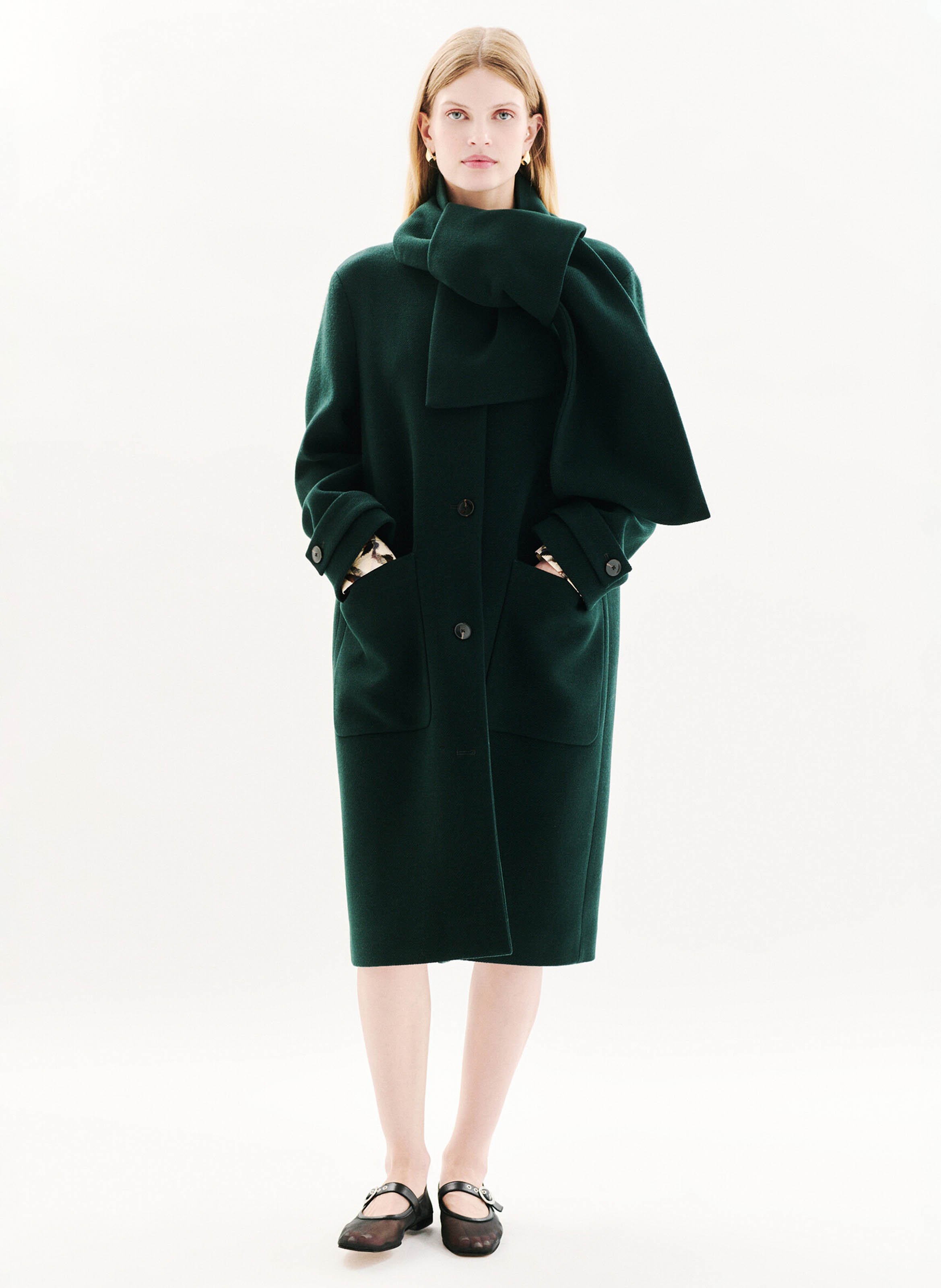 Manteau col montant en laine mélangée CAROLL Vert