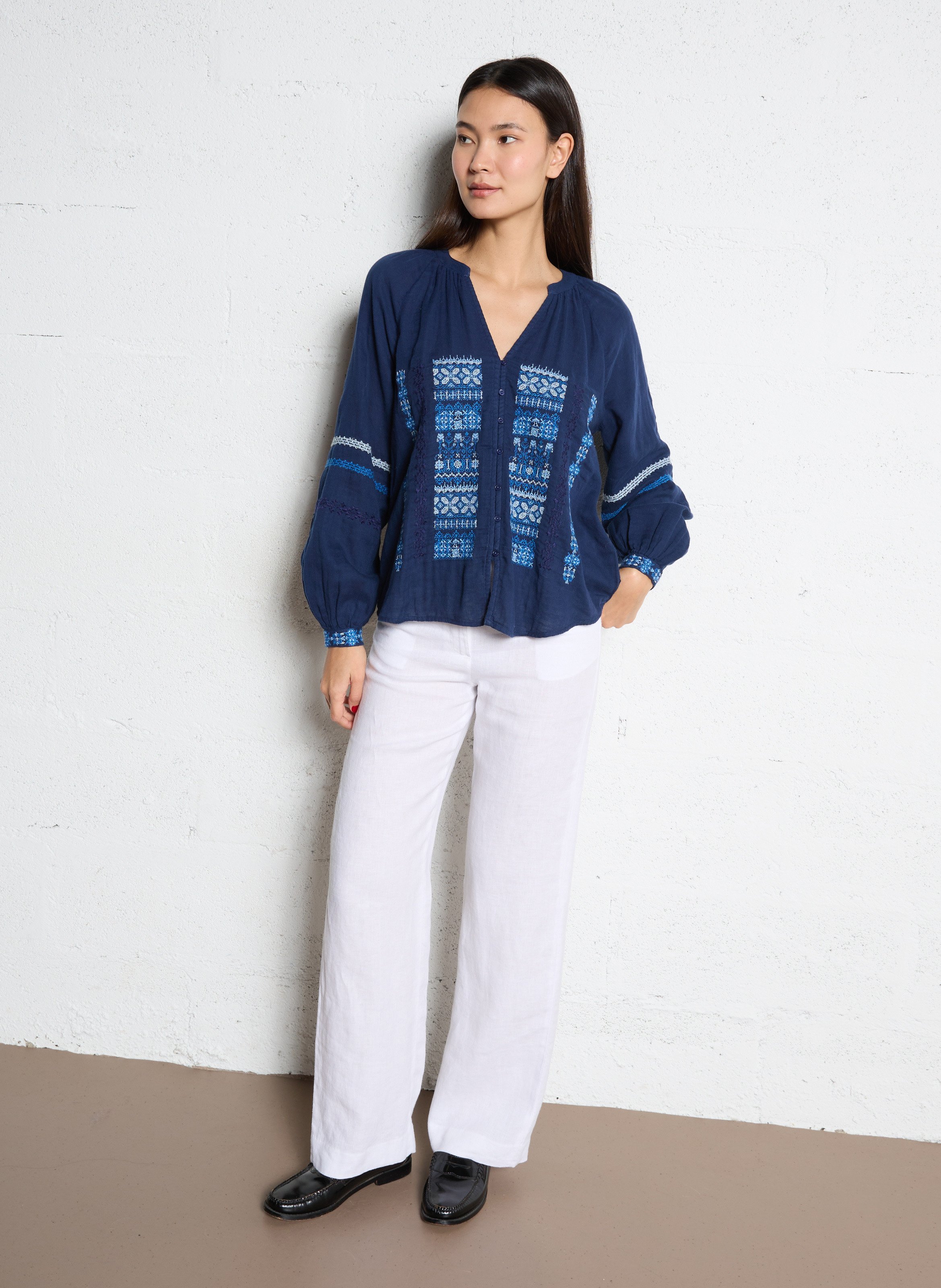 Chemise ample col tunisien en coton SUD EXPRESS Bleu