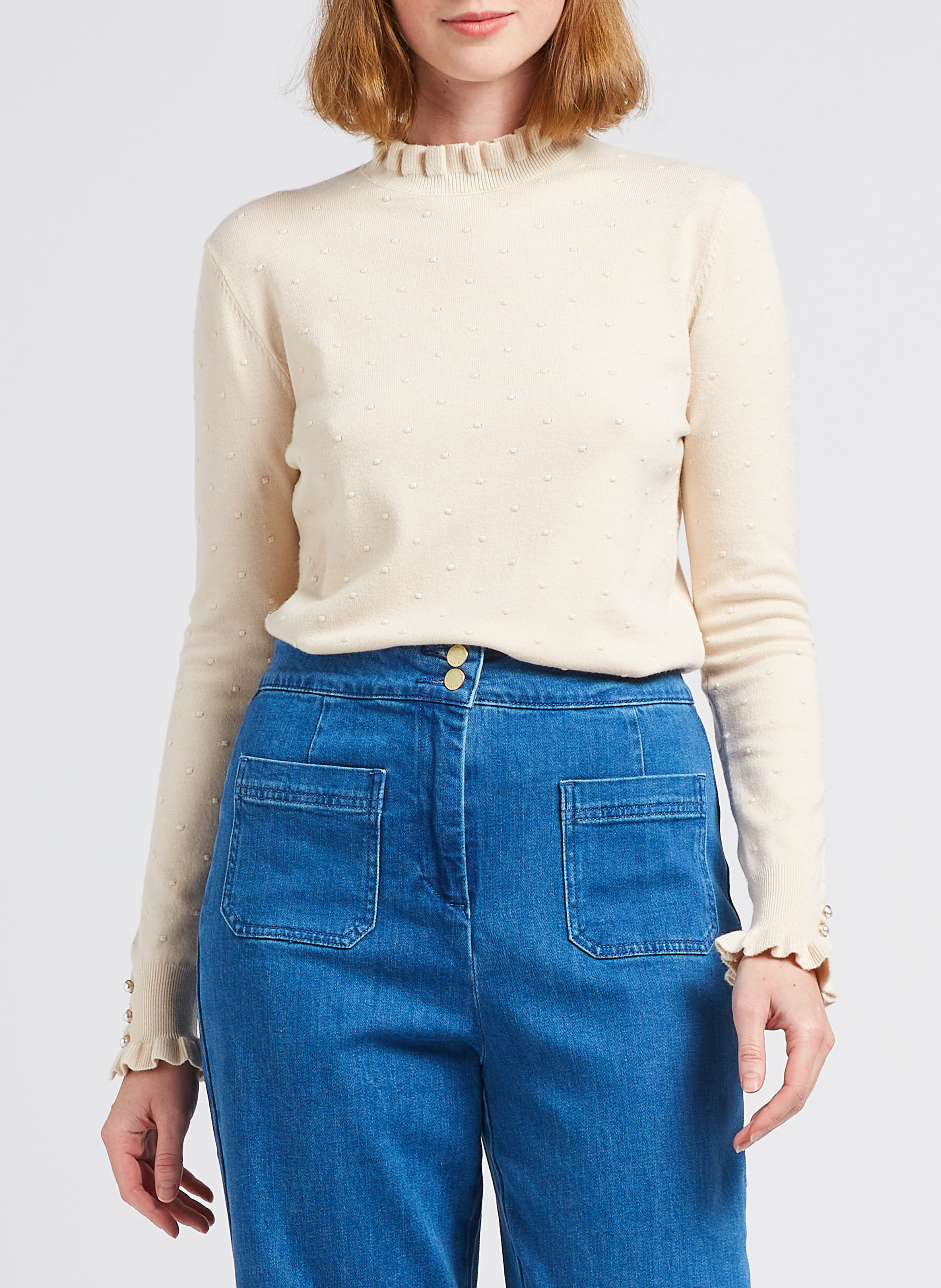 Pull col rond jacquard à volants LA PETITE ETOILE Beige