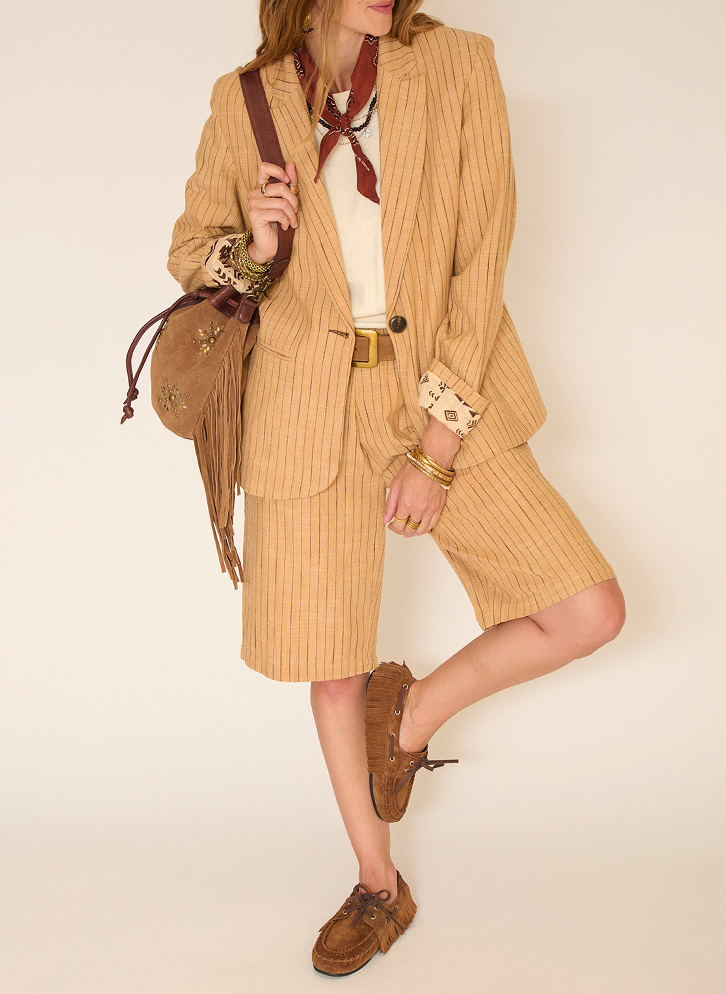 Gerade geschnittene Blazer mit Reverskragen und Streifen aus Baumwolle. MKT Braun