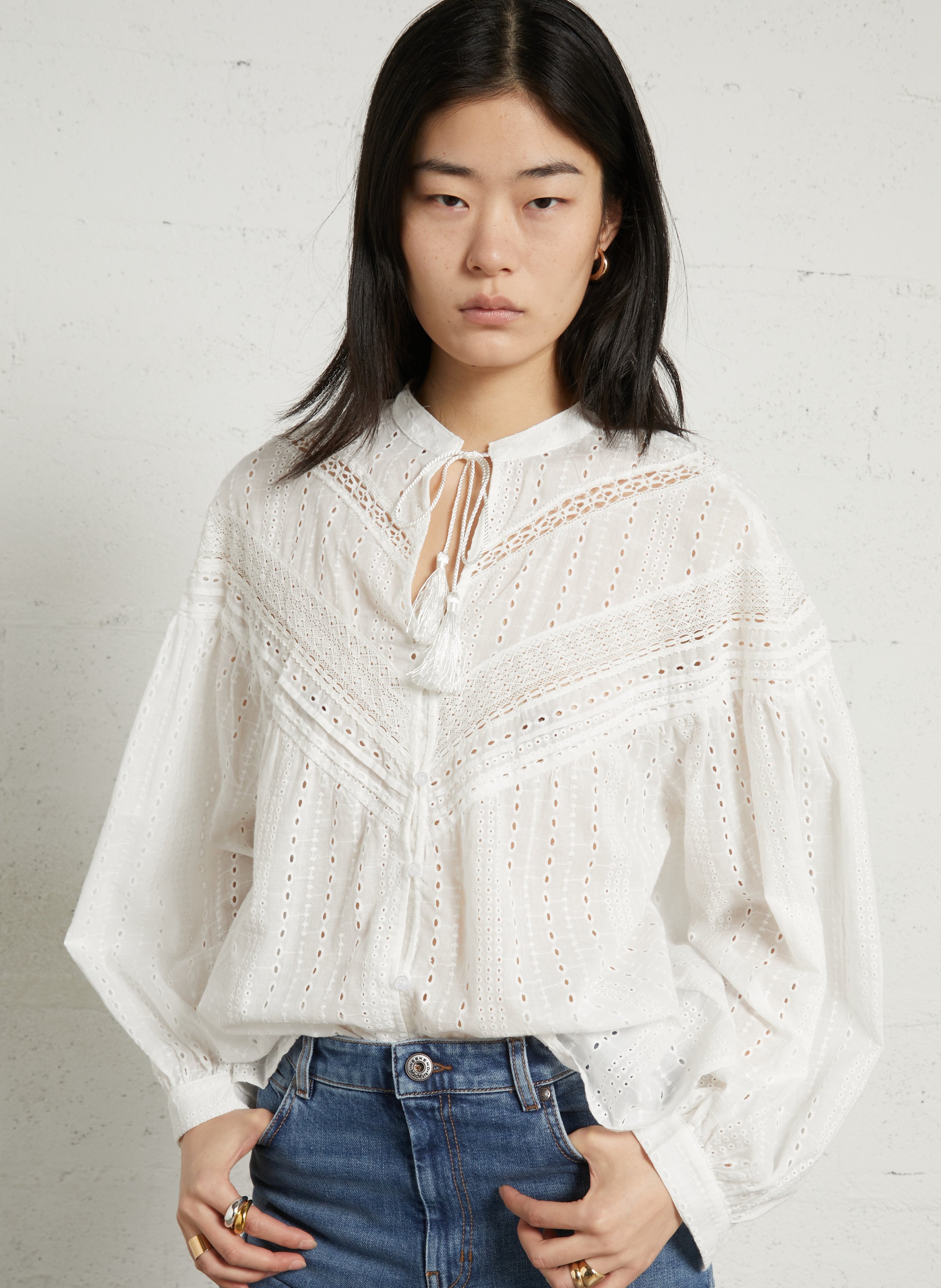 Weite Baumwollbluse mit Stickerei SEE U SOON Weiss