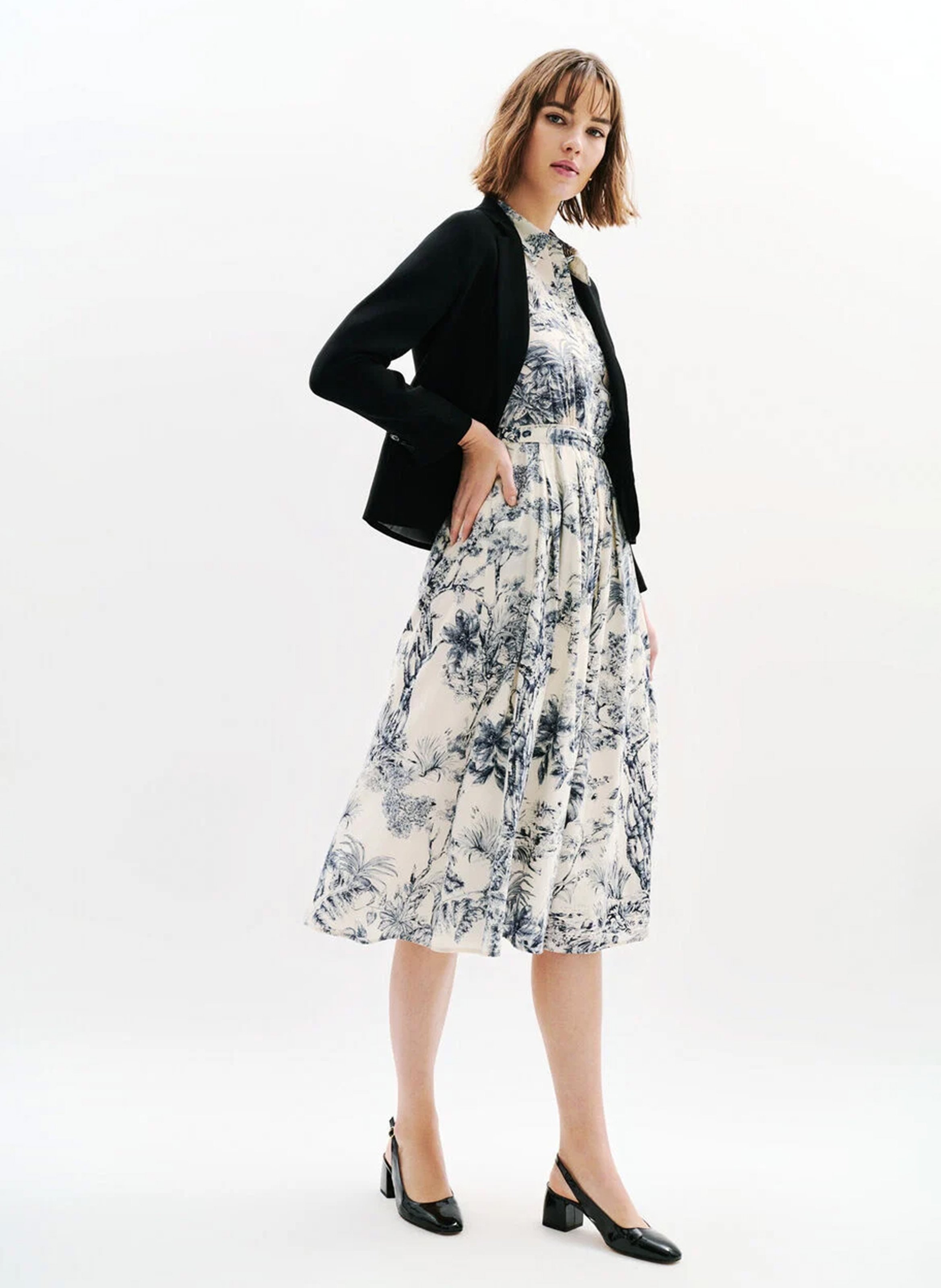 Belted fluid midi dress with patterns CAROLL Blue