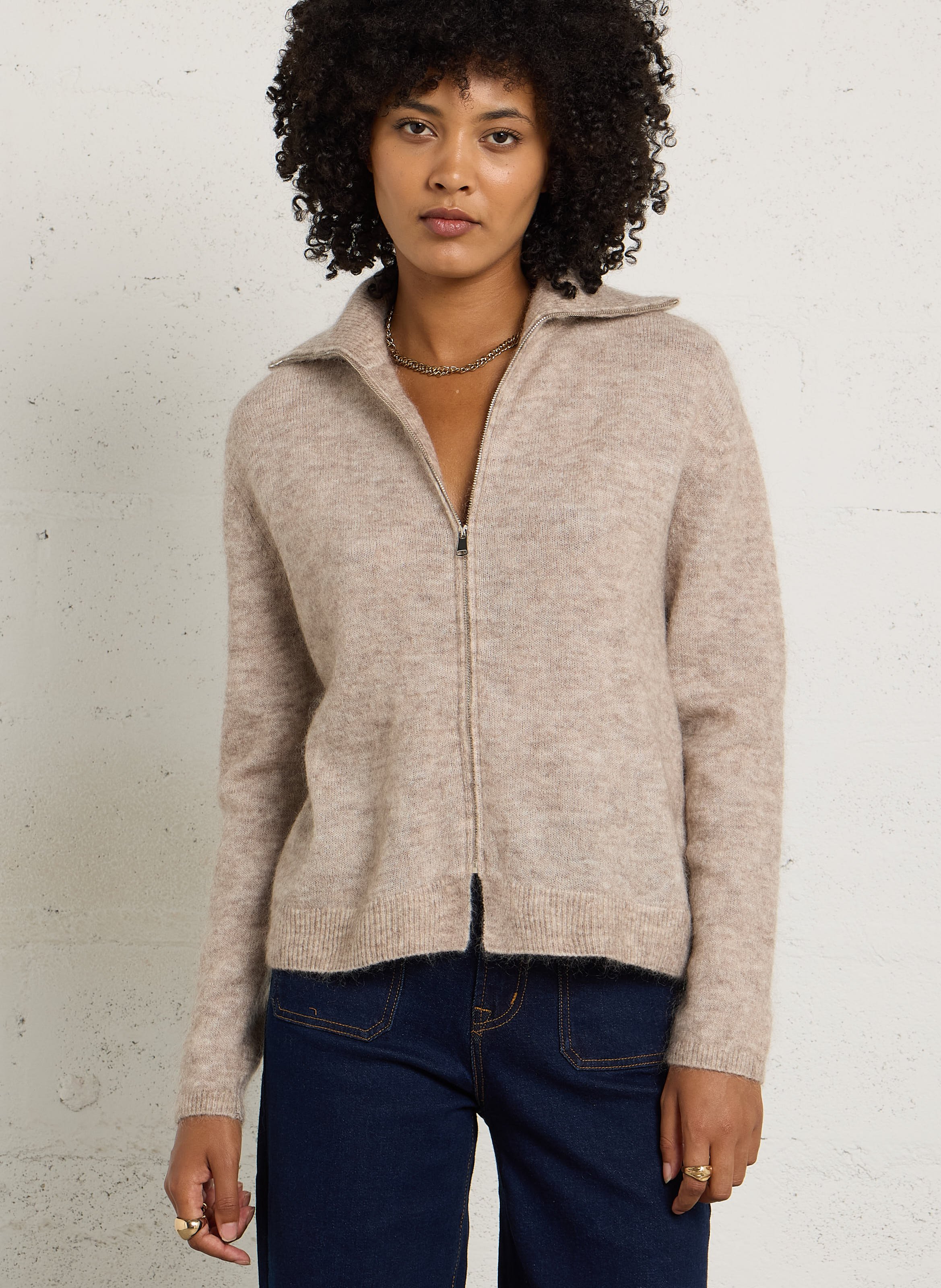 Gilet zippé en mohair et laine mélangée JC SOPHIE Beige