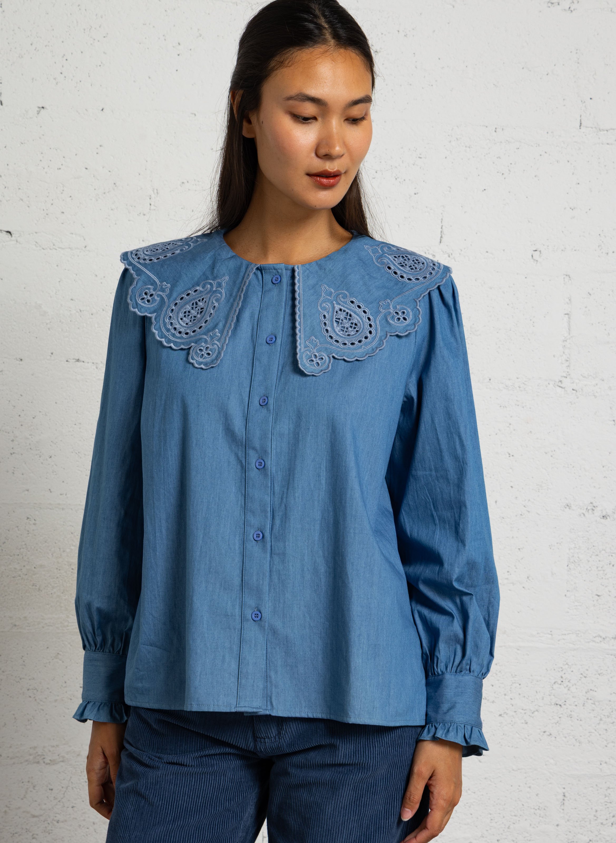Chemise col claudine en coton SEE U SOON Bleu