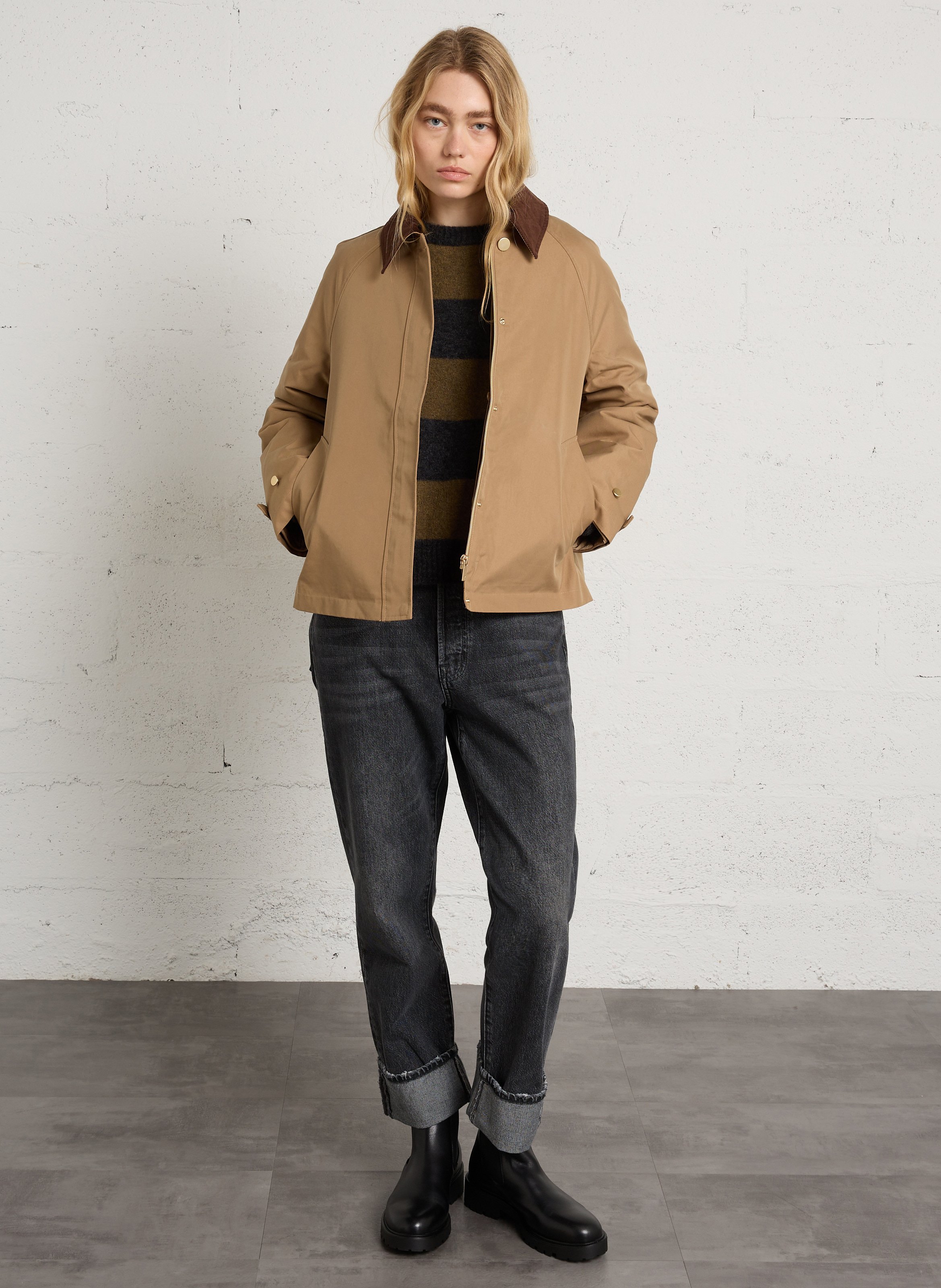 Einfarbige Jacke mit Cordkragen SUD EXPRESS Beige