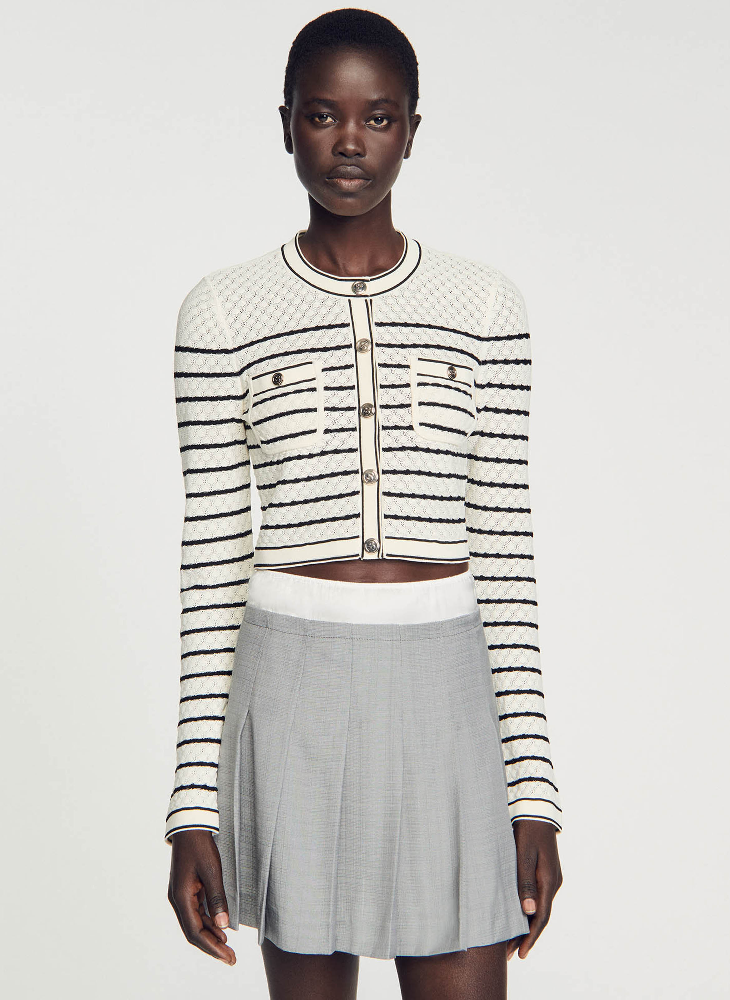 Striped Close fit Round neck Cardigan Blanc Noir Sandro Women