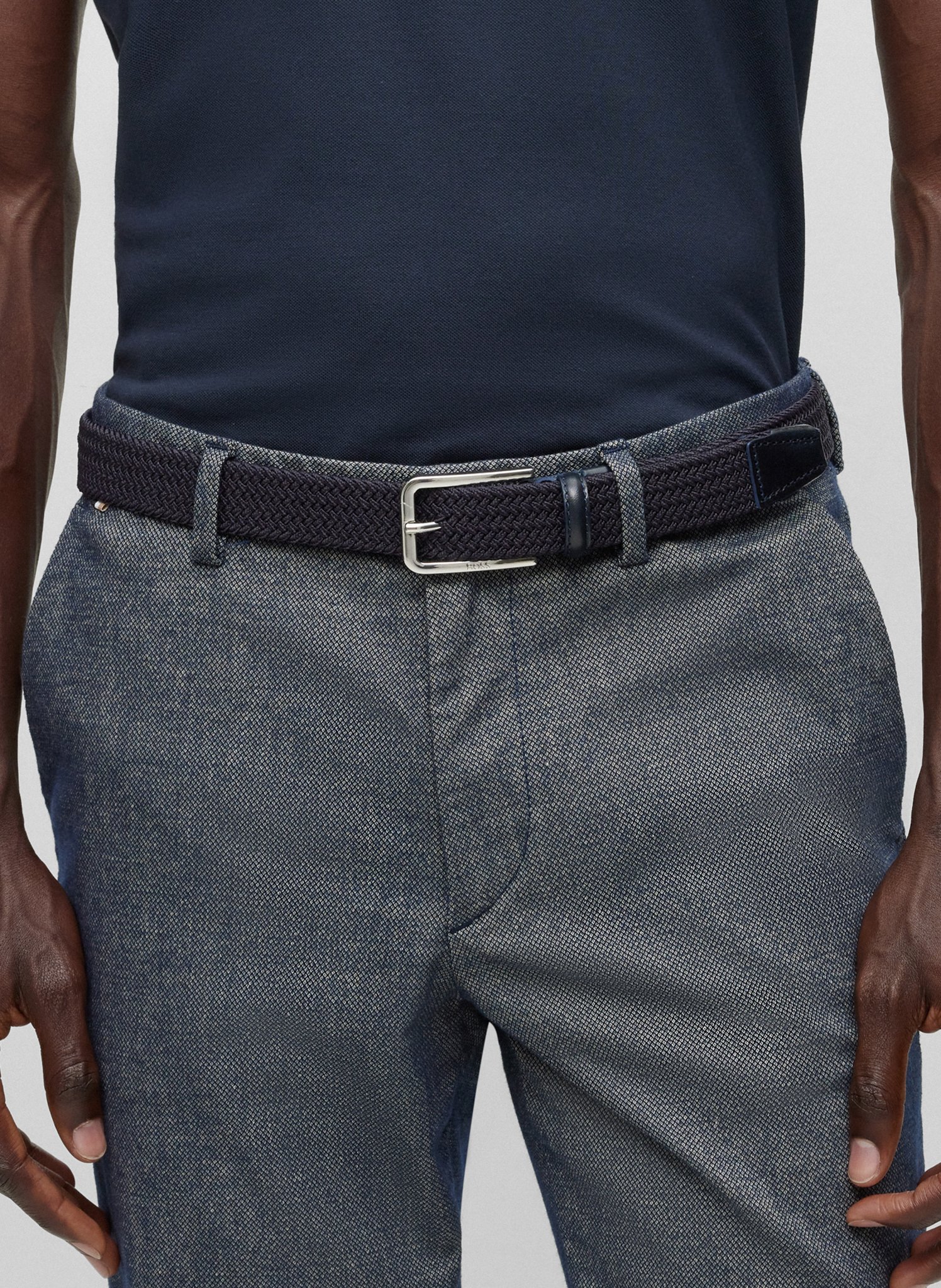 Woven belt with leather trim Blue