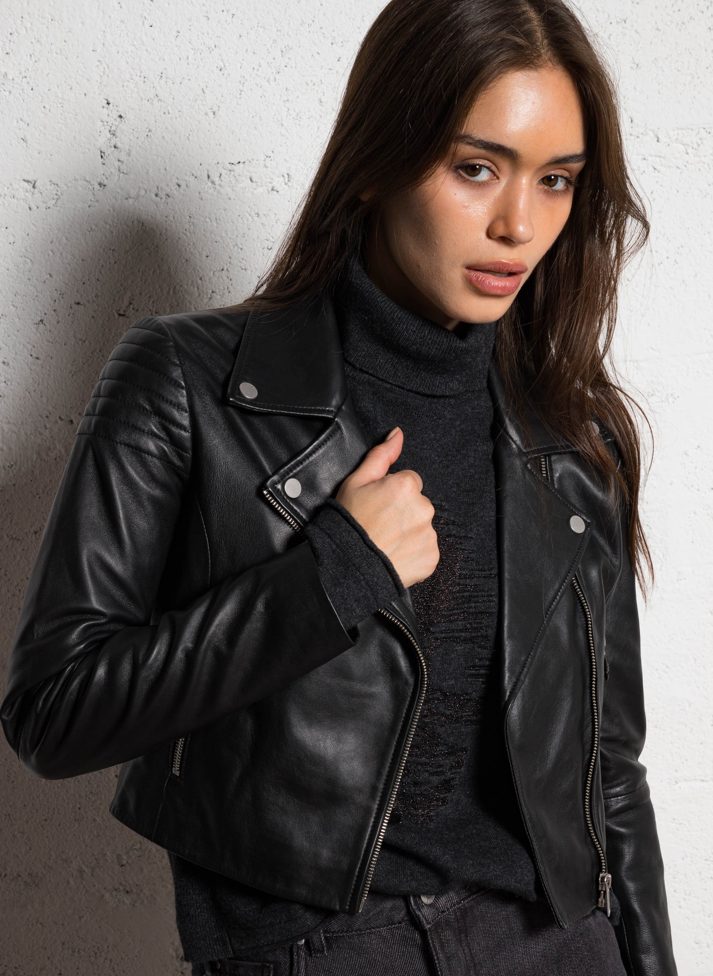 Blouson col tailleur en cuir d'agneau IKKS Noir