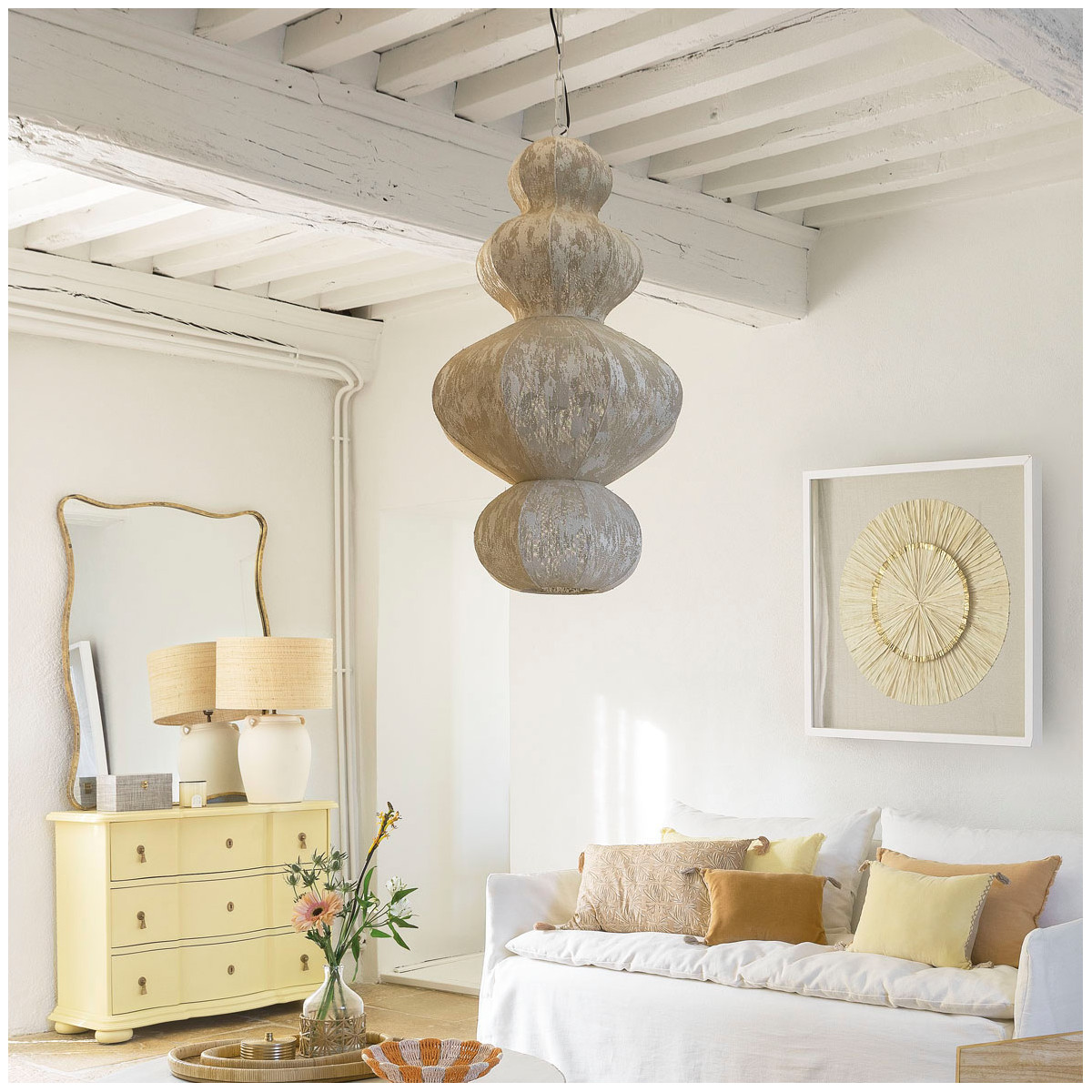 Sora fabric and metal pendant light - cream - ø 49 x 84 cm BLANC D'IVOIRE White