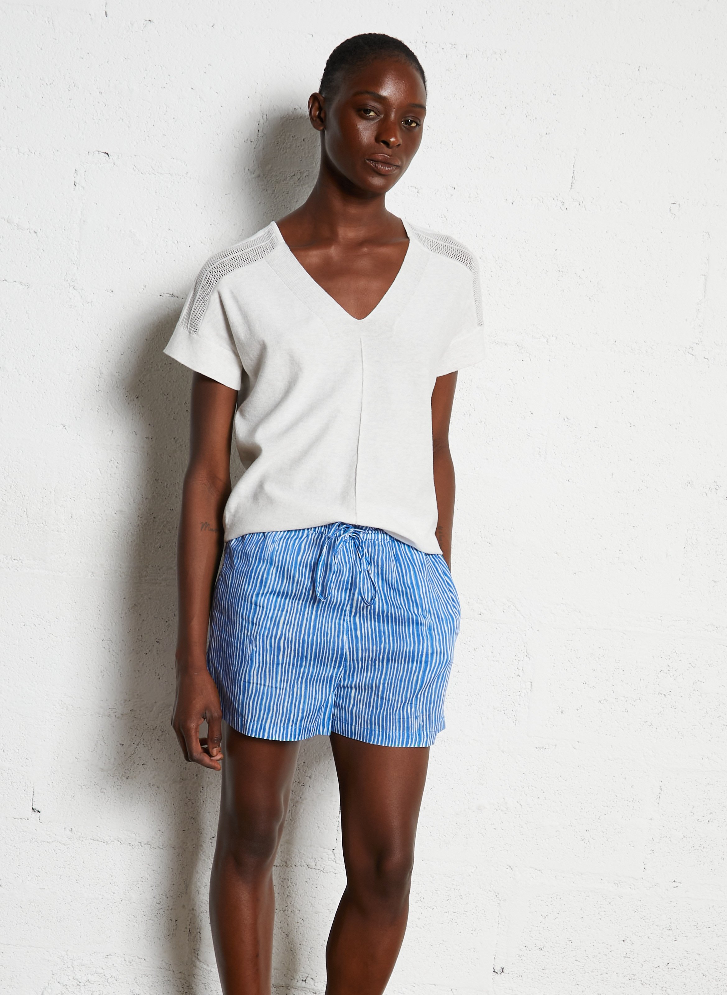 Pull col V manches courtes uni MAISON 123 Beige