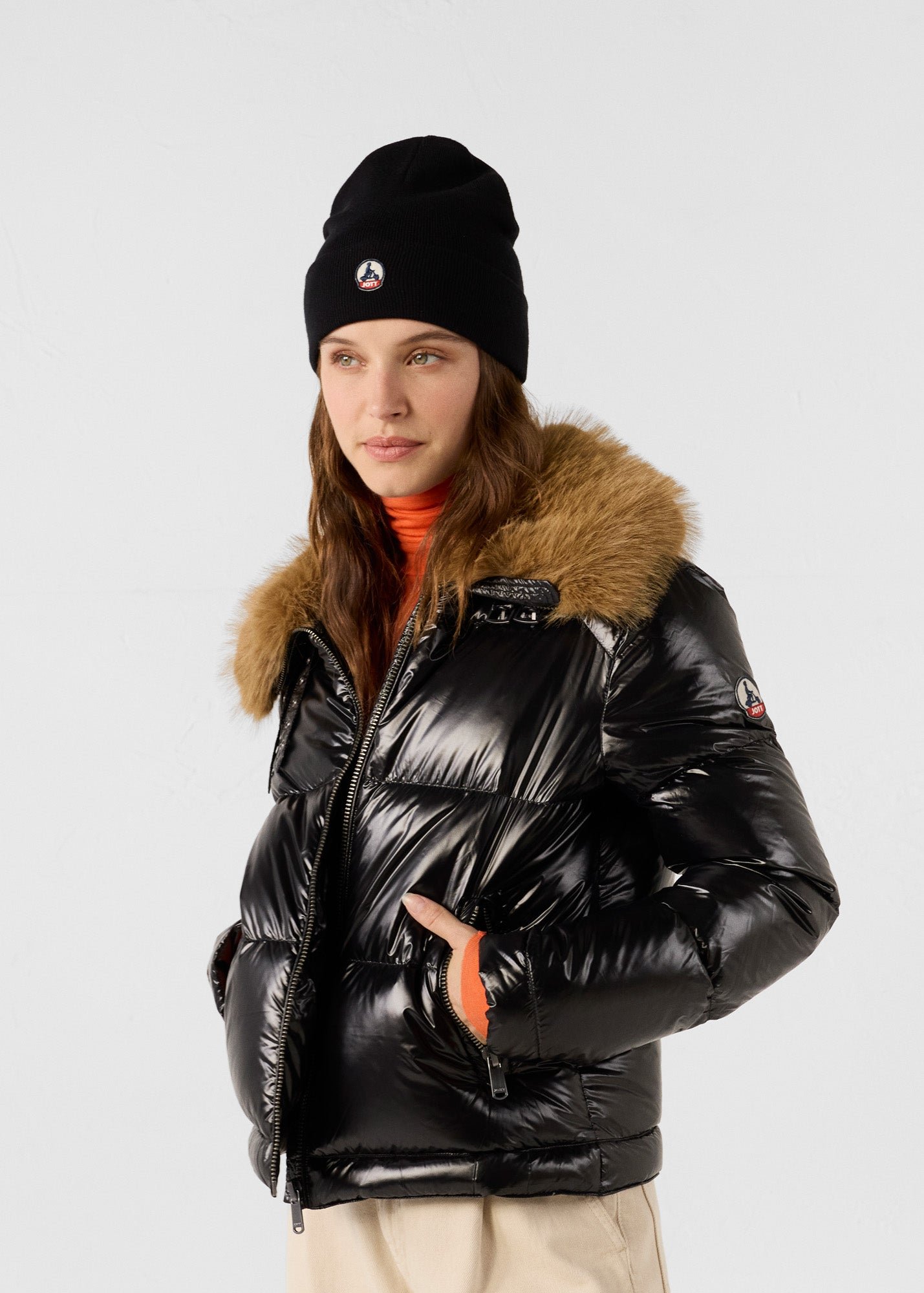 Shiny Nevada faux fur hooded puffer jacket for extreme cold. JOTT Black