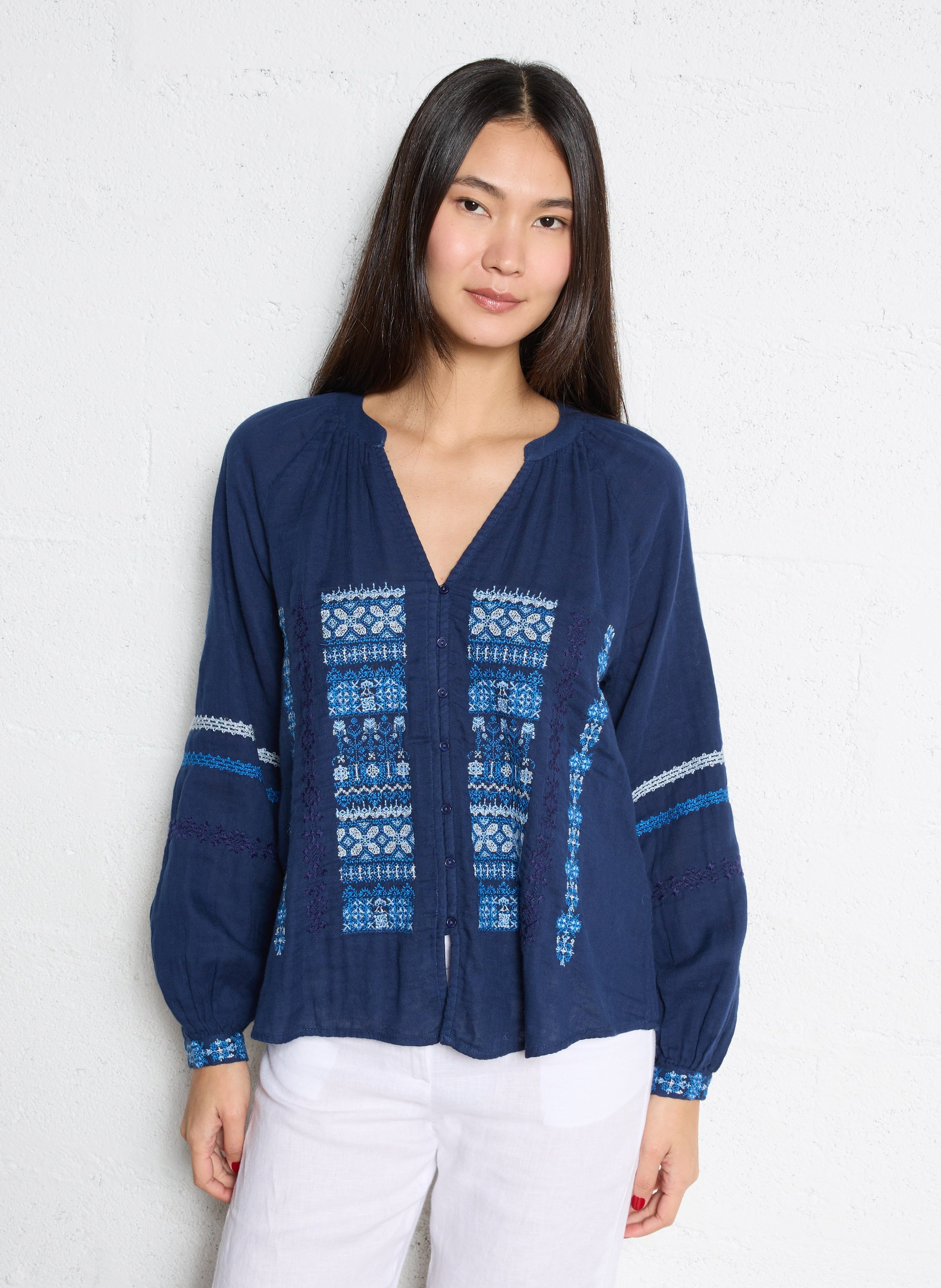 Chemise ample col tunisien en coton SUD EXPRESS Bleu