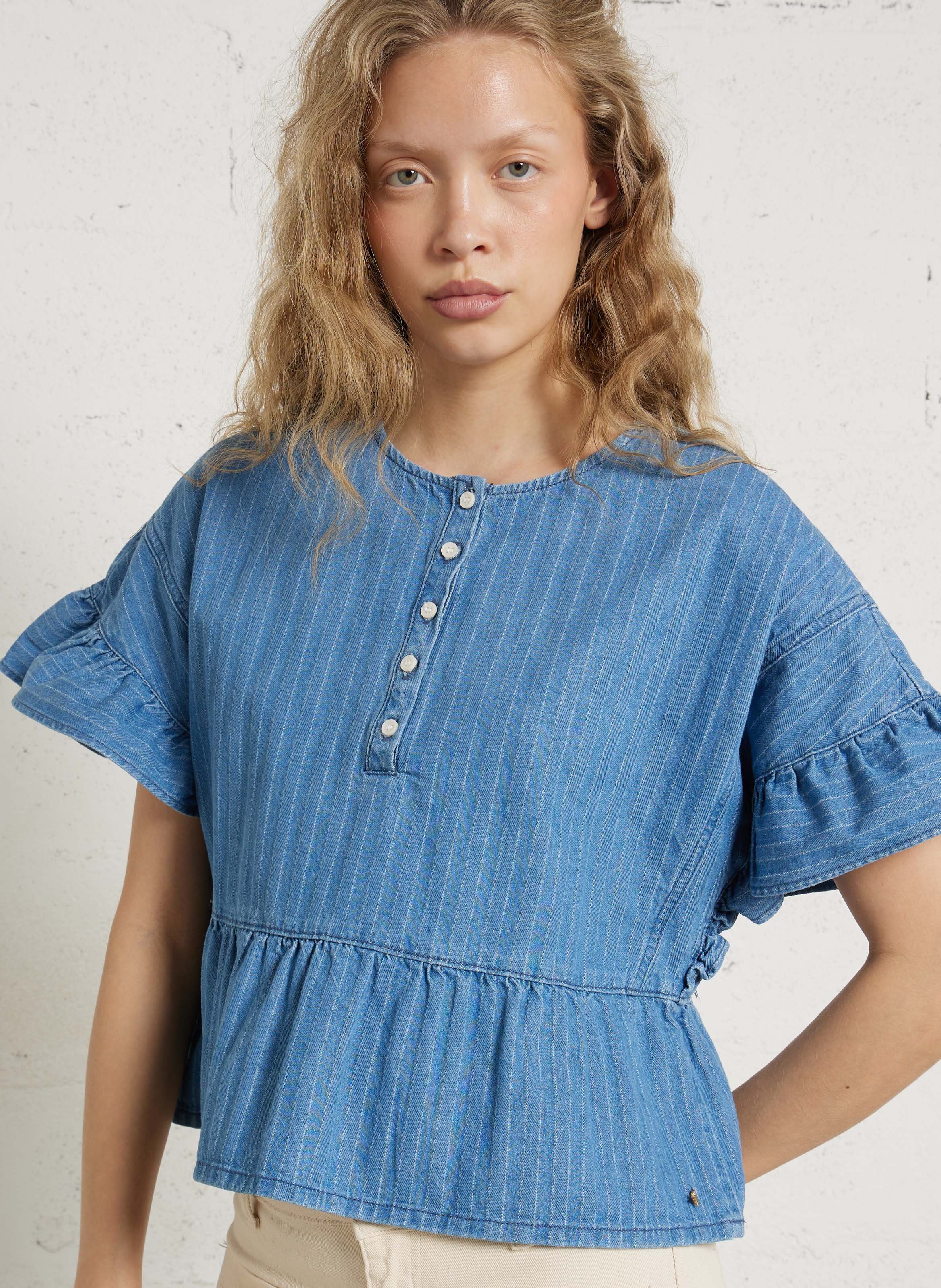 Top droit col rond en coton DES PETITS HAUTS Bleu