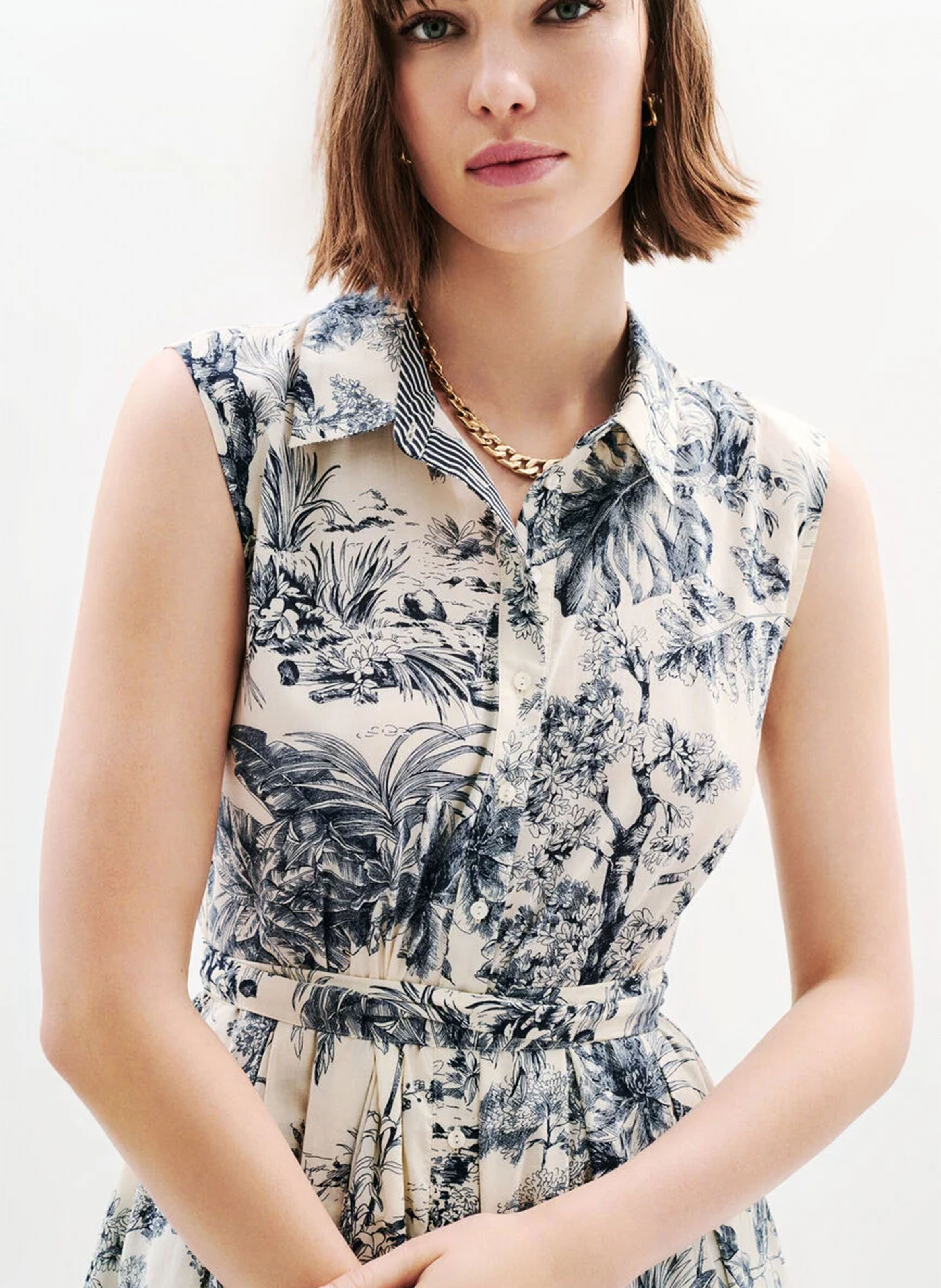 Belted fluid midi dress with patterns CAROLL Blue