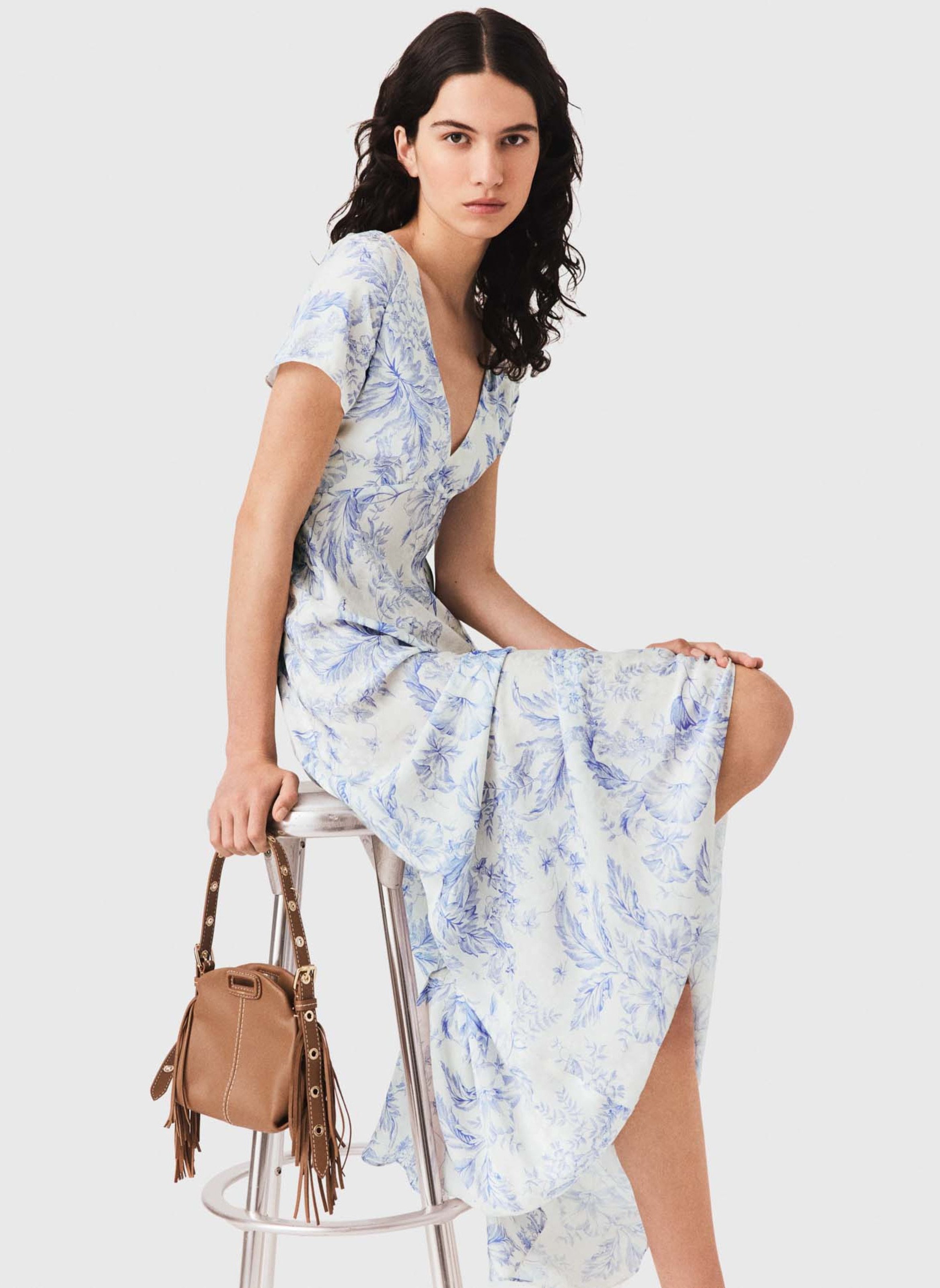 Robe longue col V imprimée MAJE Bleu