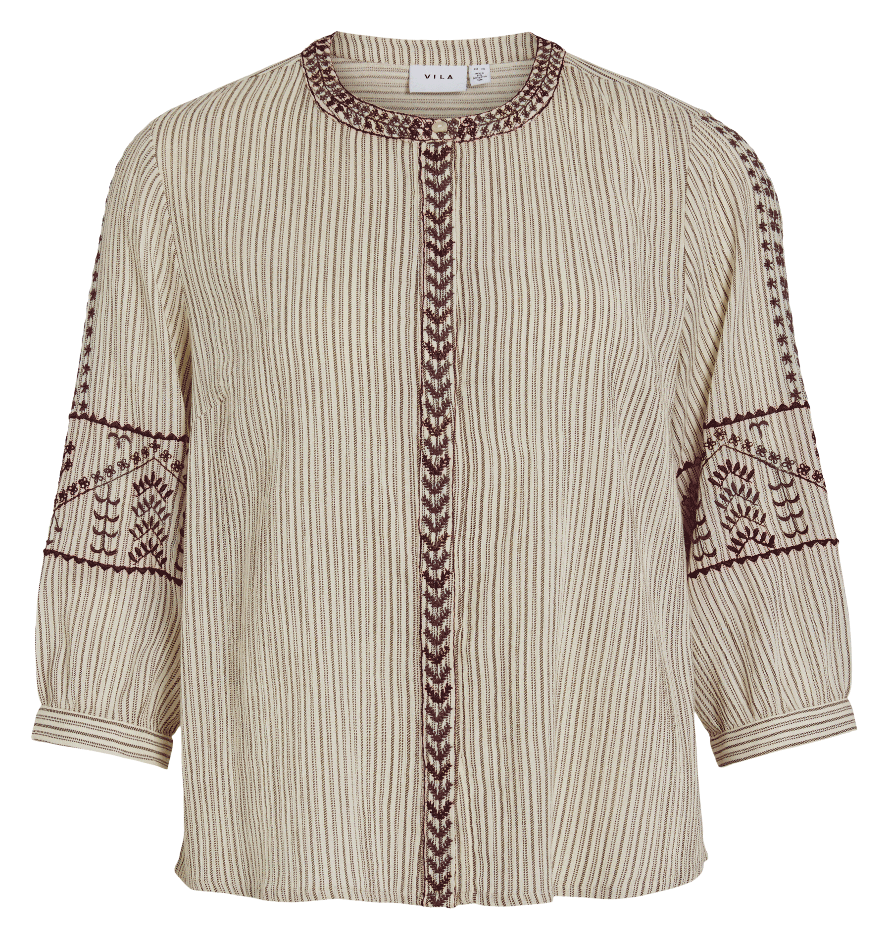 Straight round-neck cotton embroidered shirt VILA Beige
