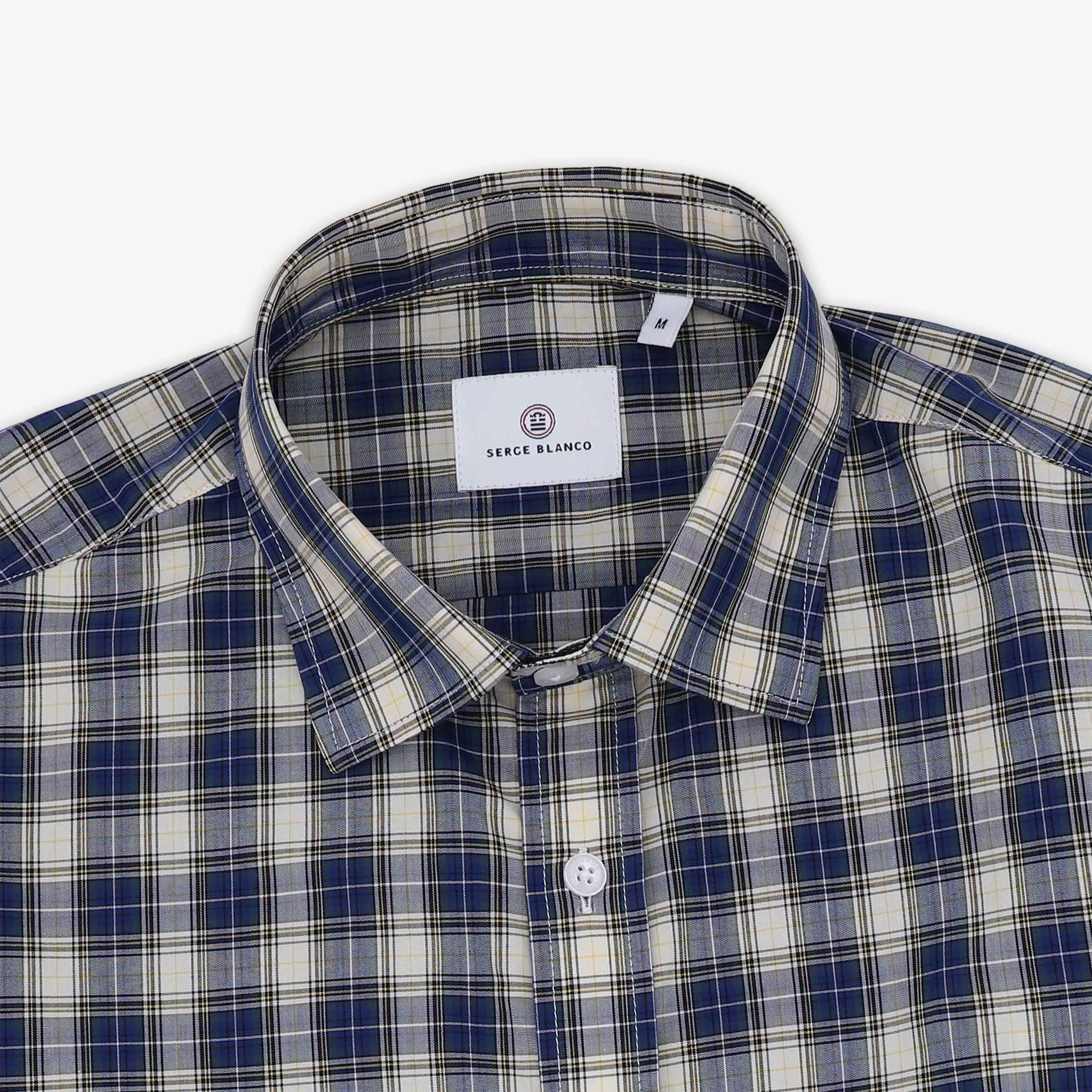 Chemise manches longues en coton bleue et beige à carreaux SERGE BLANCO Bleu