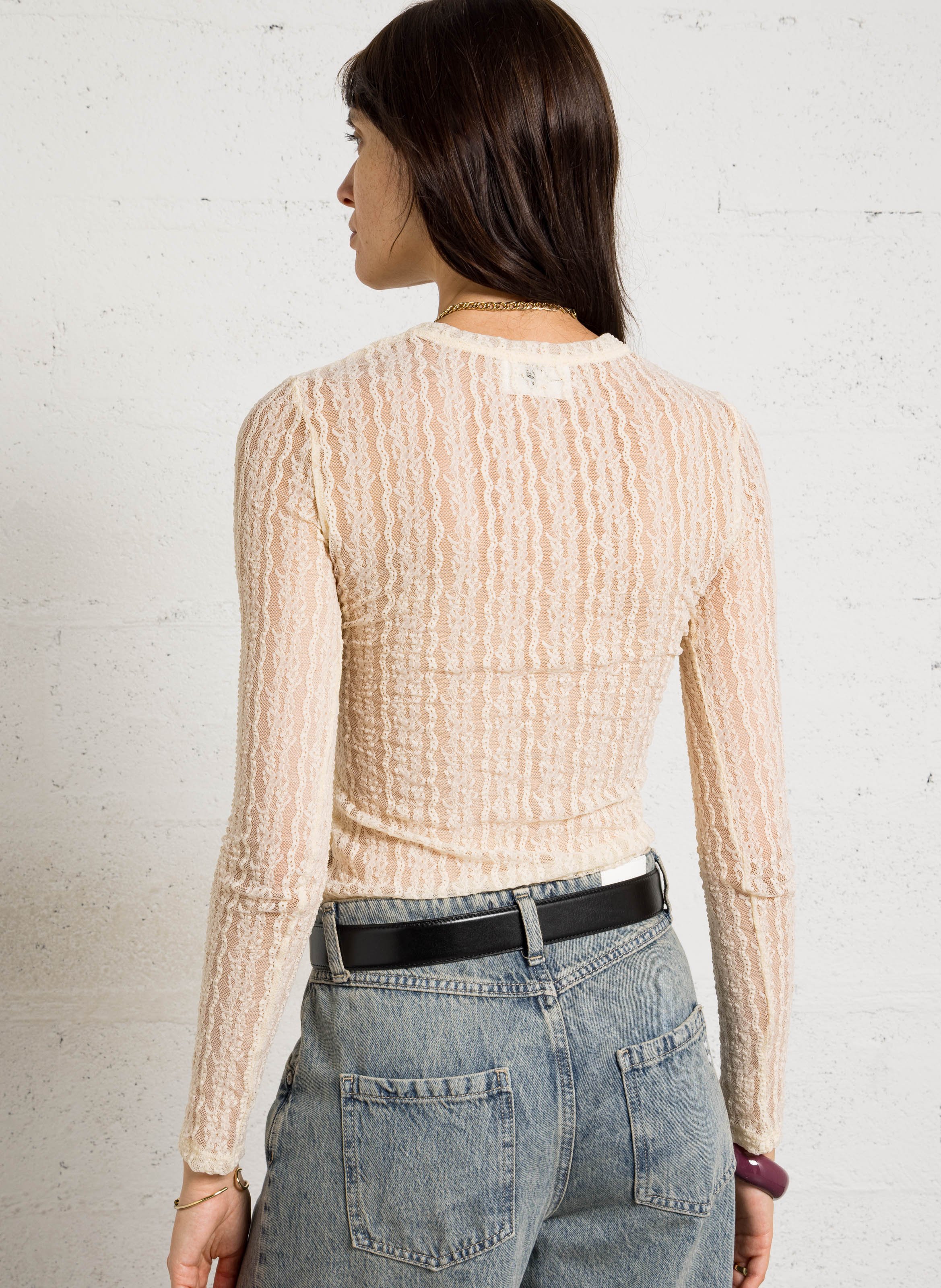 Straight round-neck lace top DES PETITS HAUTS Beige