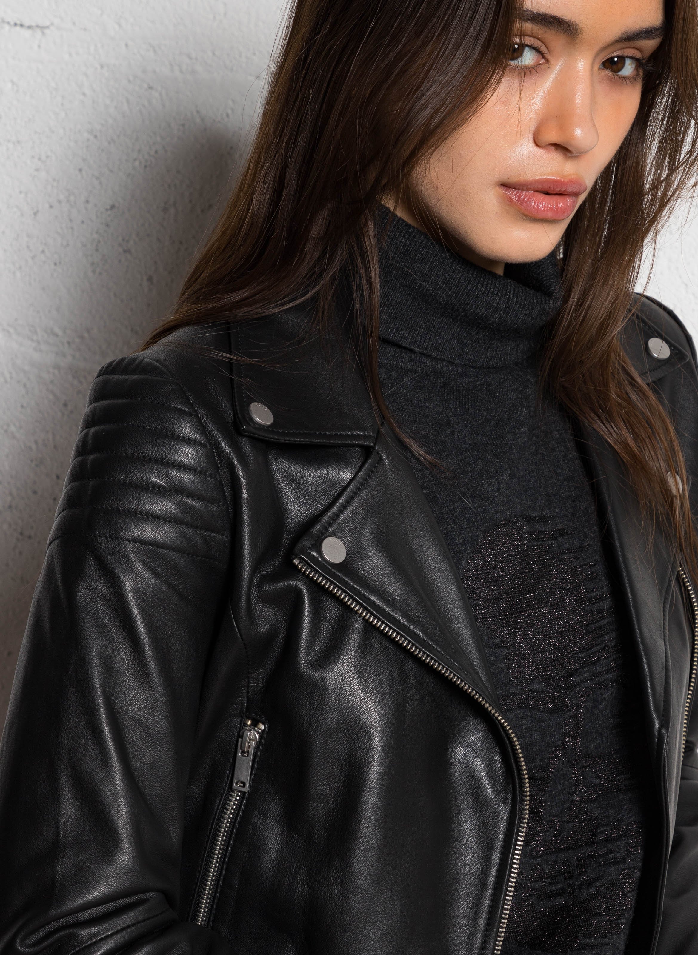 Blouson col tailleur en cuir d'agneau IKKS Noir