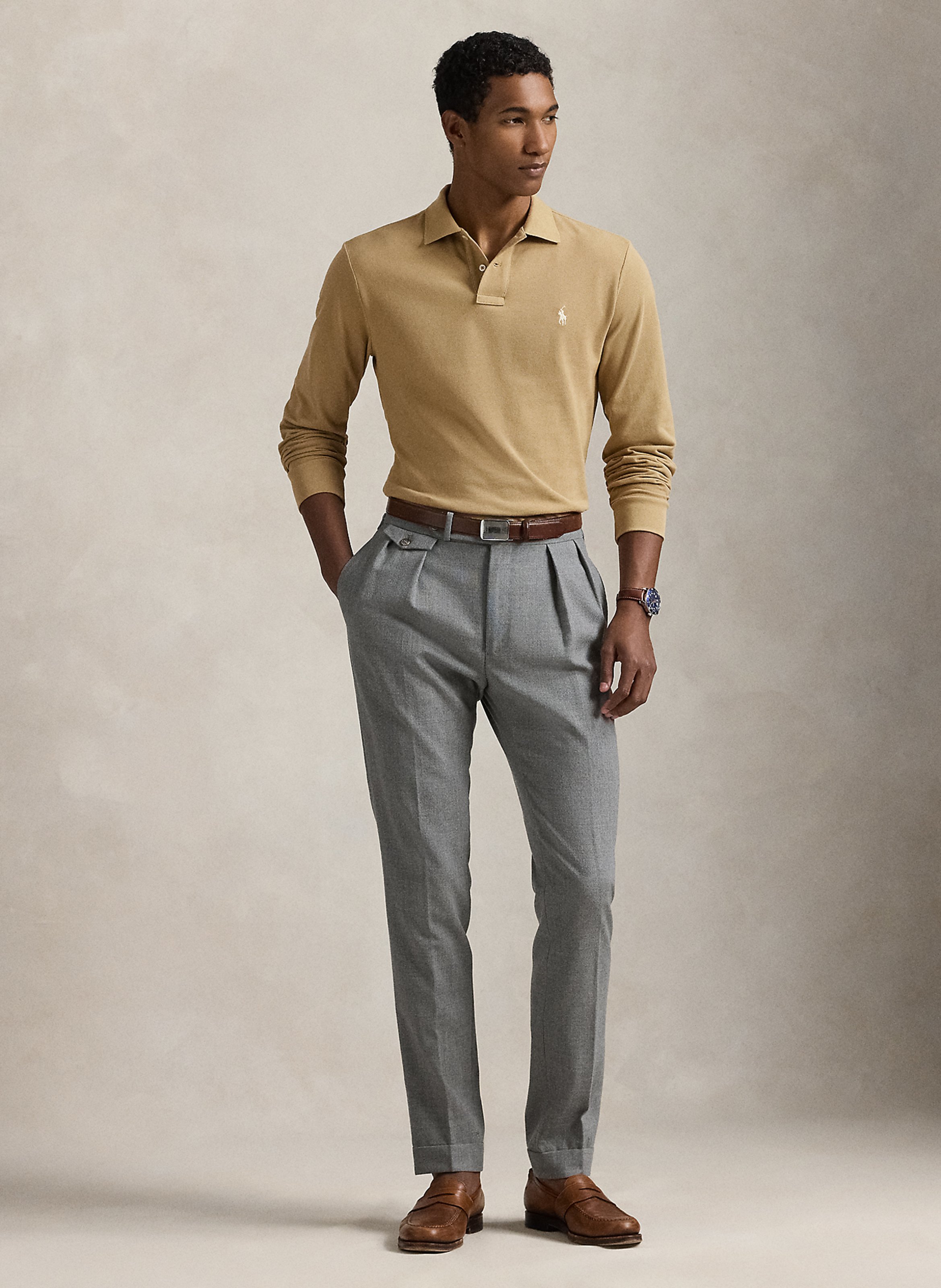 Regular-fit cotton piqué polo shirt with long sleeves POLO RALPH LAUREN Beige