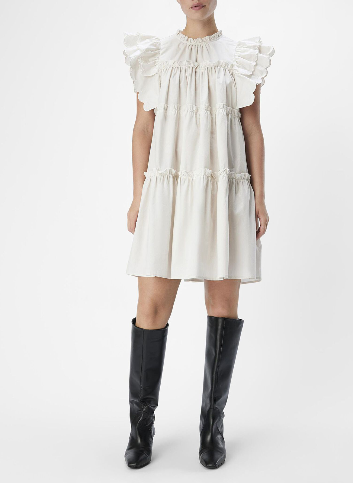 Short dress in cotton and organic cotton blend with ruffles OBJECT Beige