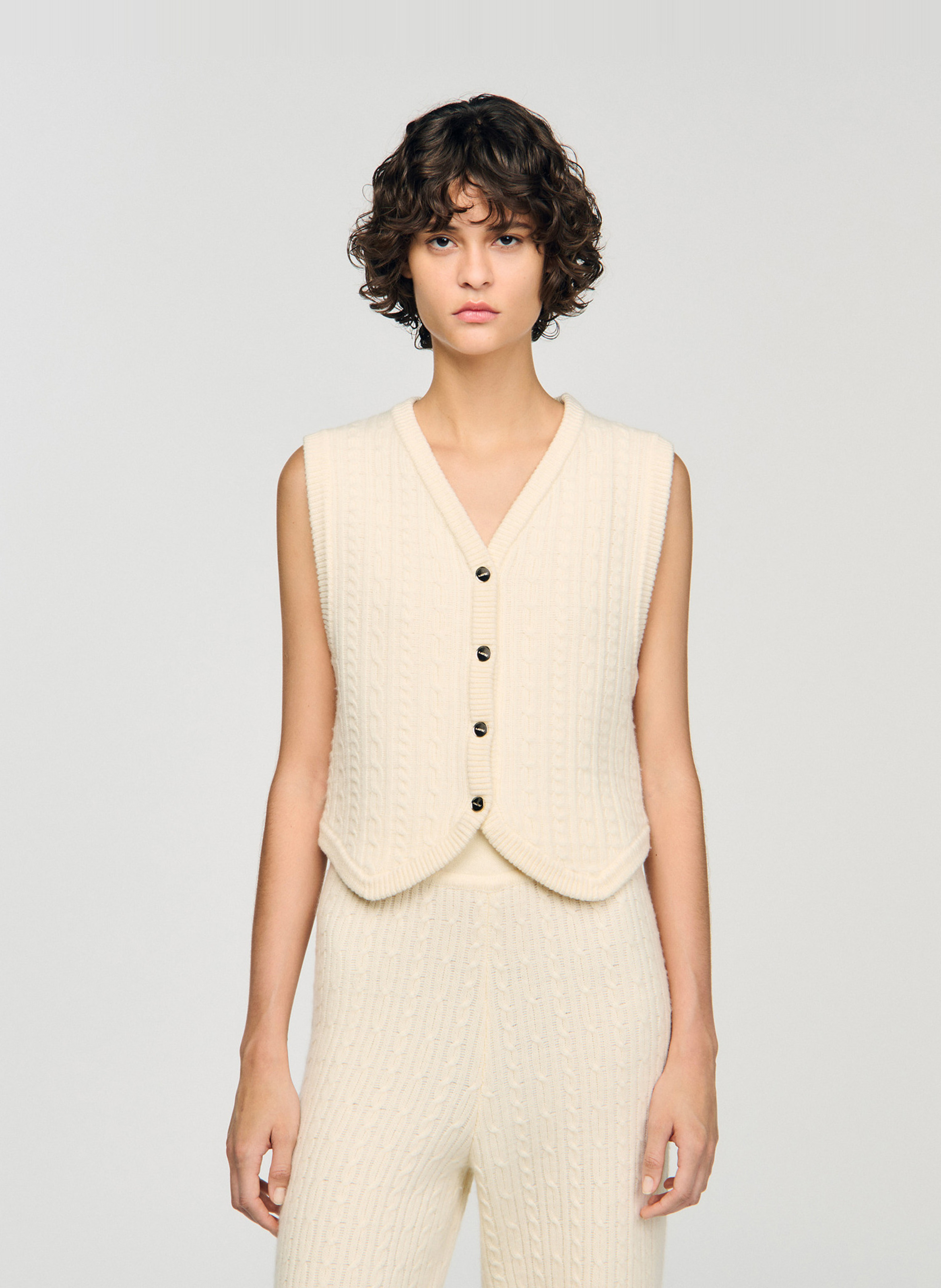 Gilet col v sans manches en laine mélangée SANDRO Blanc