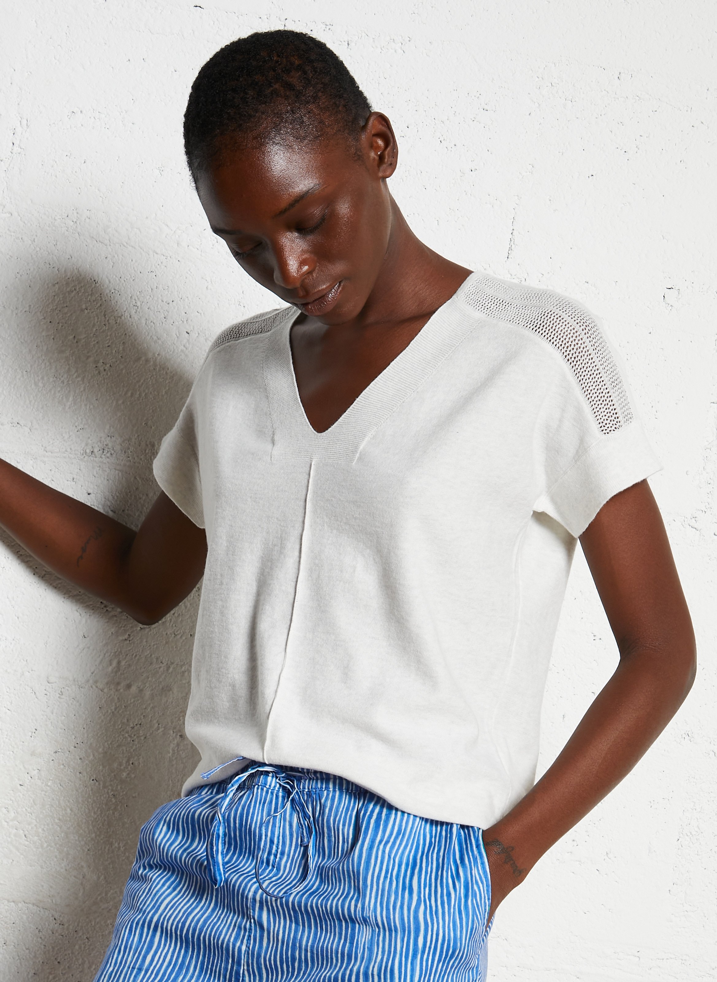 Pull col V manches courtes uni MAISON 123 Beige