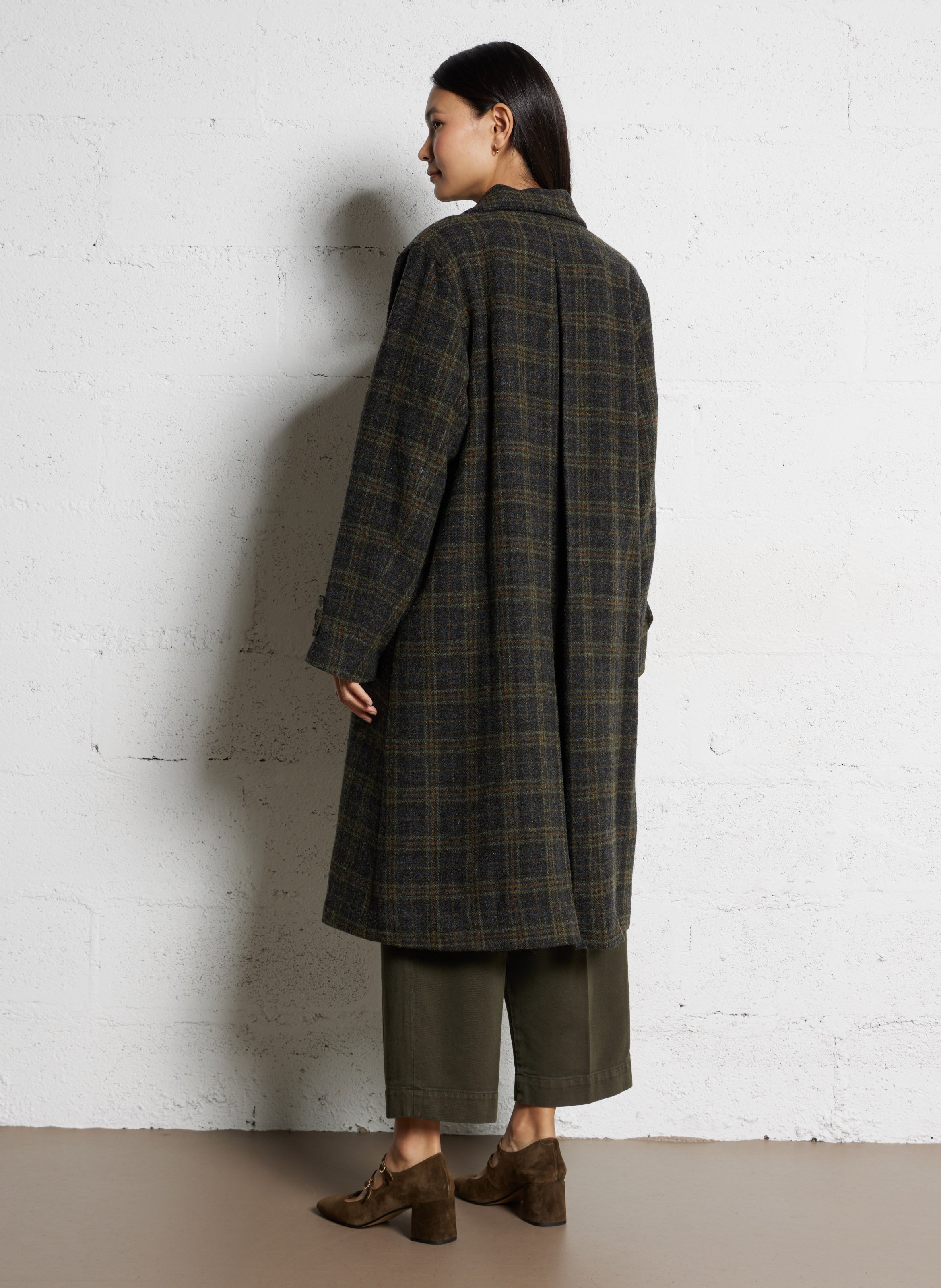 A-line coat with classic collar in virgin wool plaid BELLEPIECE Yellow