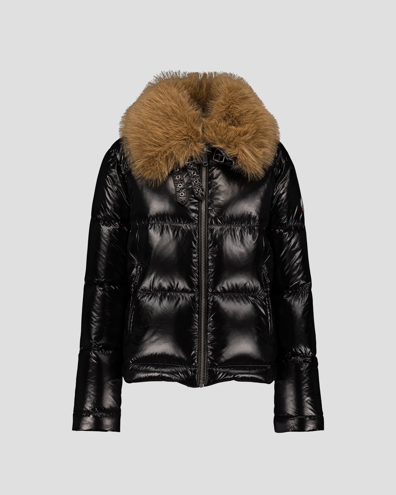 Shiny Nevada faux fur hooded puffer jacket for extreme cold. JOTT Black