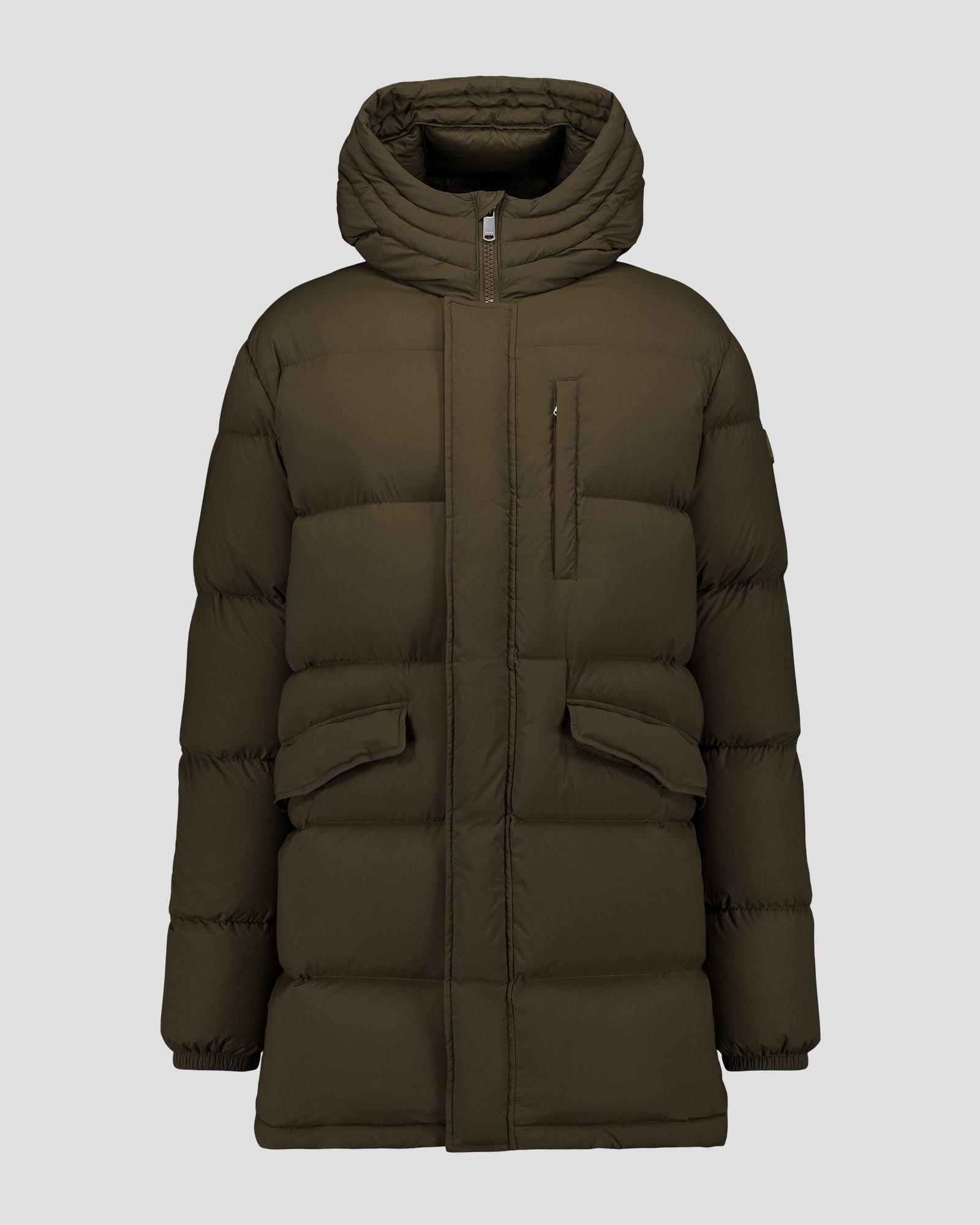 Mid-length stretch cold weather puffer coat by Scott. JOTT Green