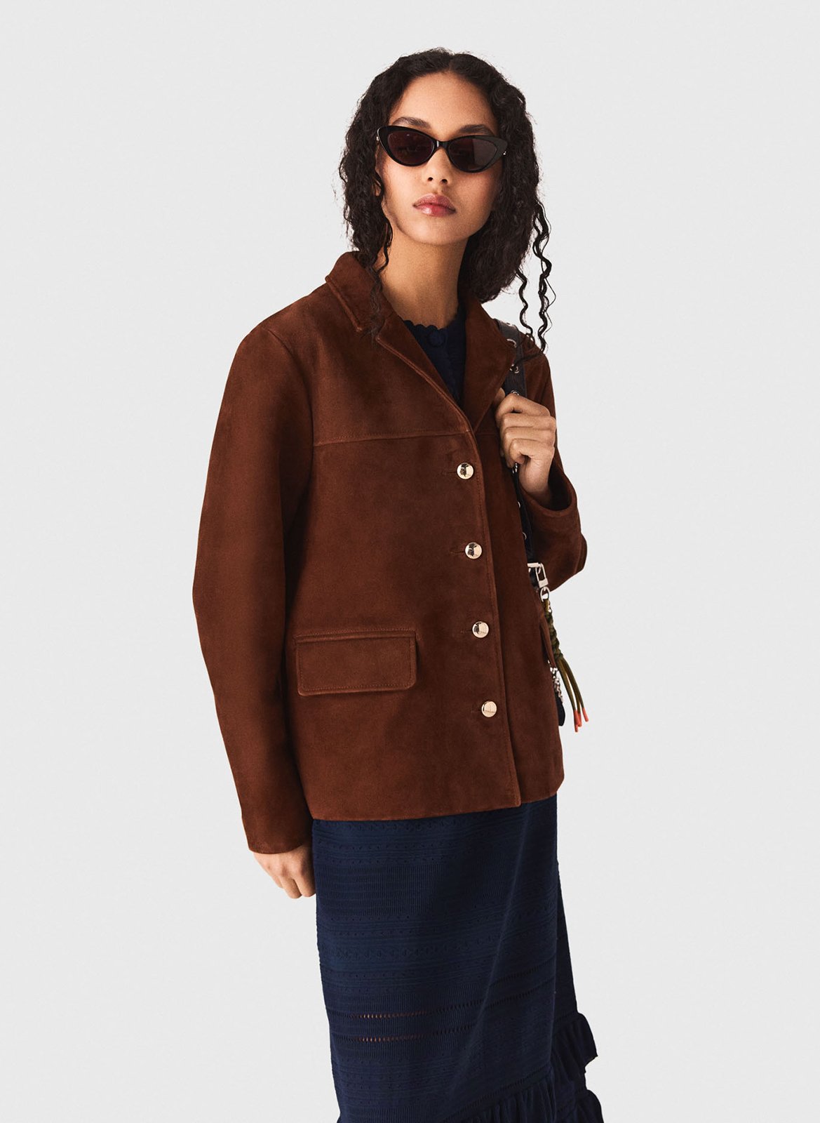 Veste col classique en cuir velours MAJE Marron