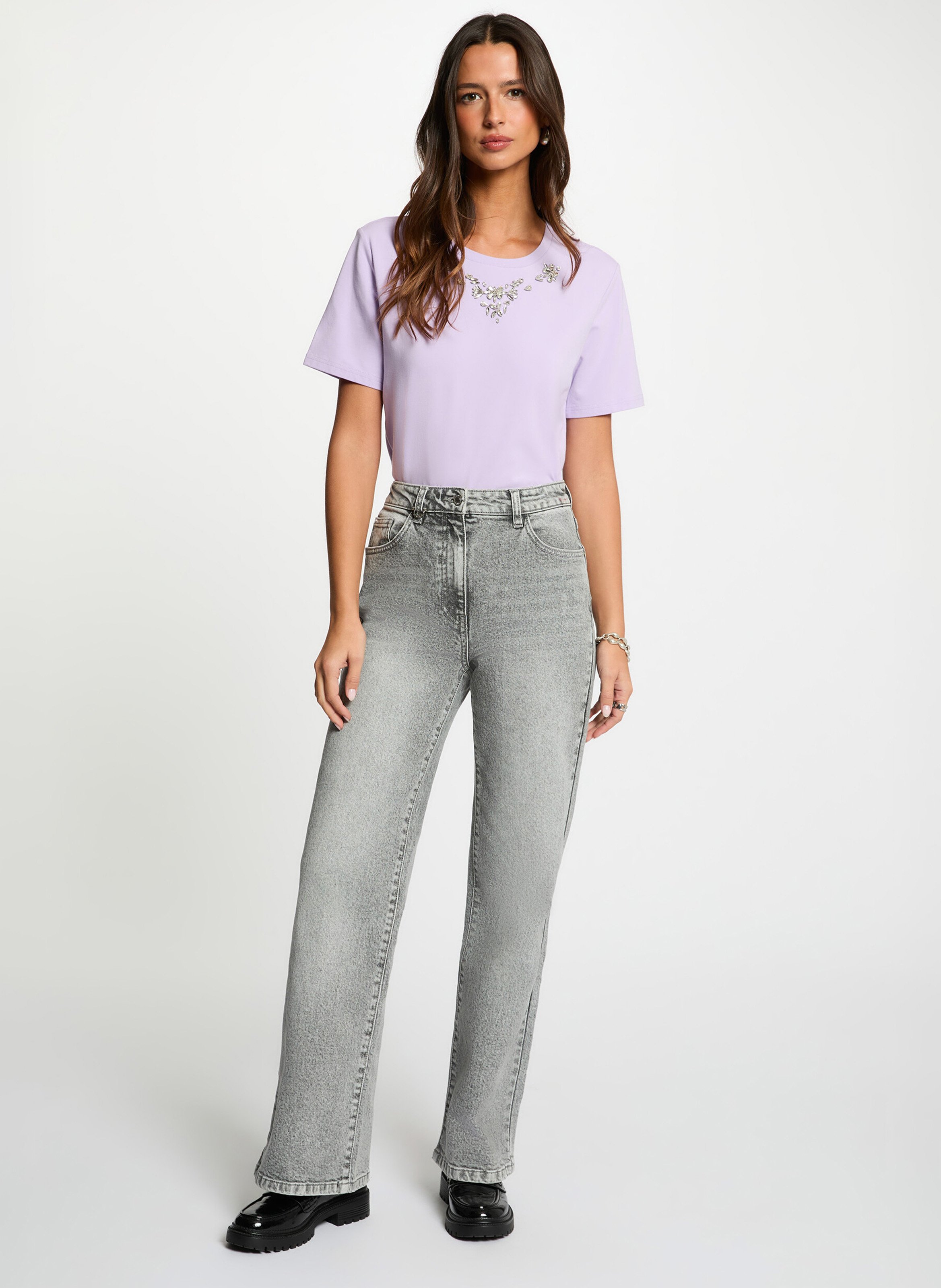 Gerader Rundhalsausschnitt T-Shirt aus Baumwollmischgewebe MORGAN Violett