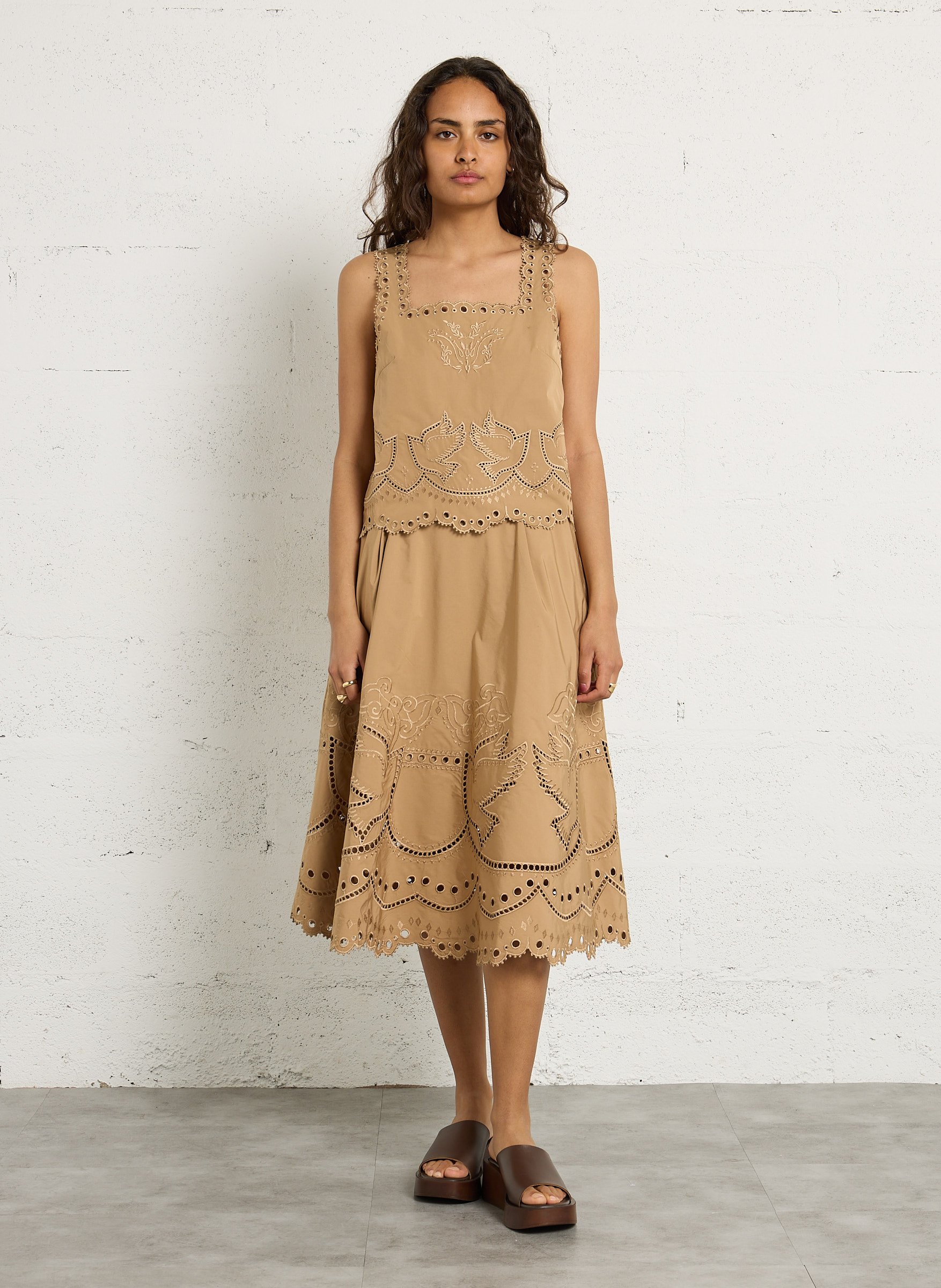 Jupe midi à broderies ajourées BERENICE Marron