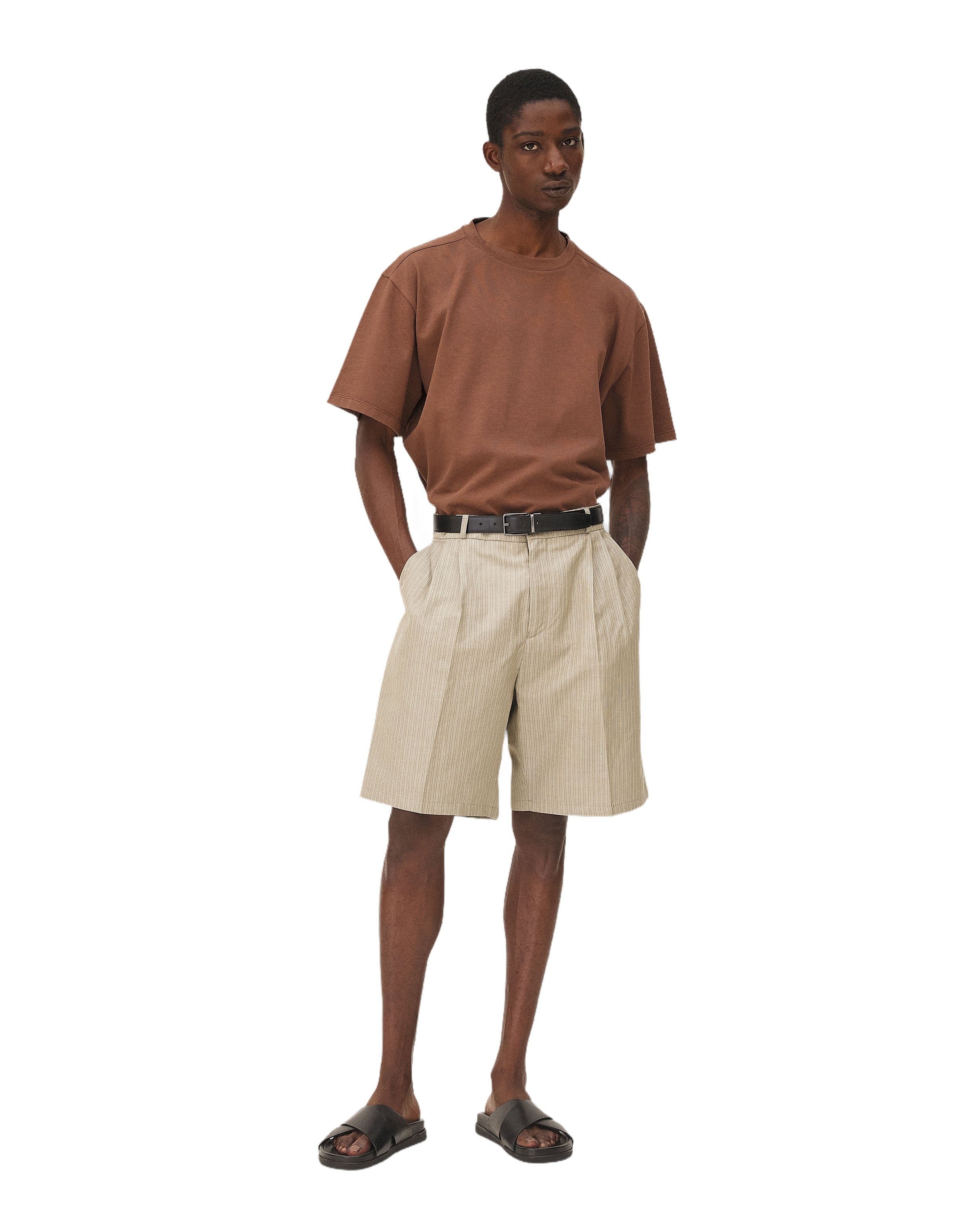 Pleated shorts in Como Beige Stripes Noyoco Beige