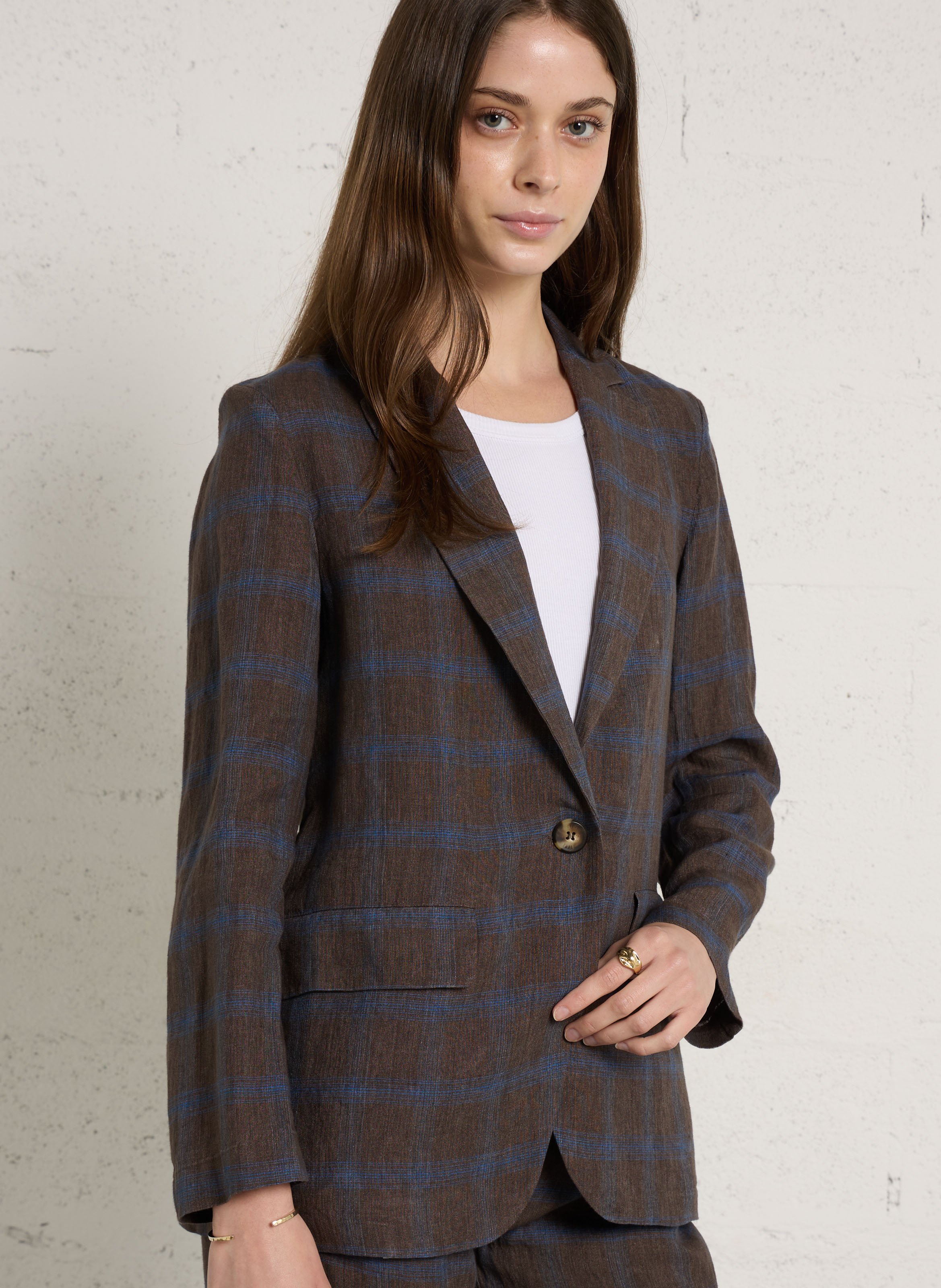 Veste droite col tailleur à carreaux en lin DIEGA