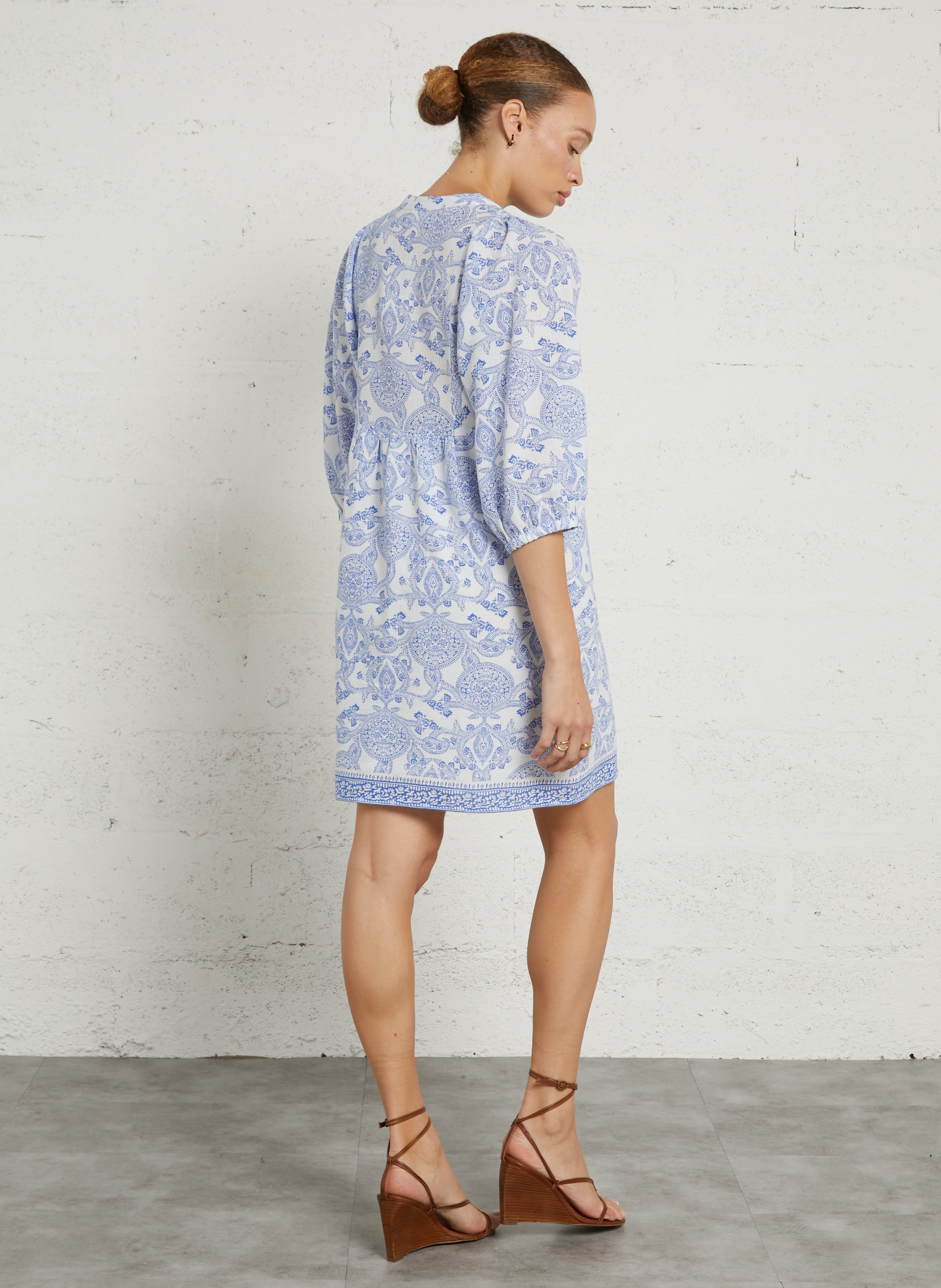 Midi dress with Tunisian collar in printed cotton and linen blend MAISON 123 Blue