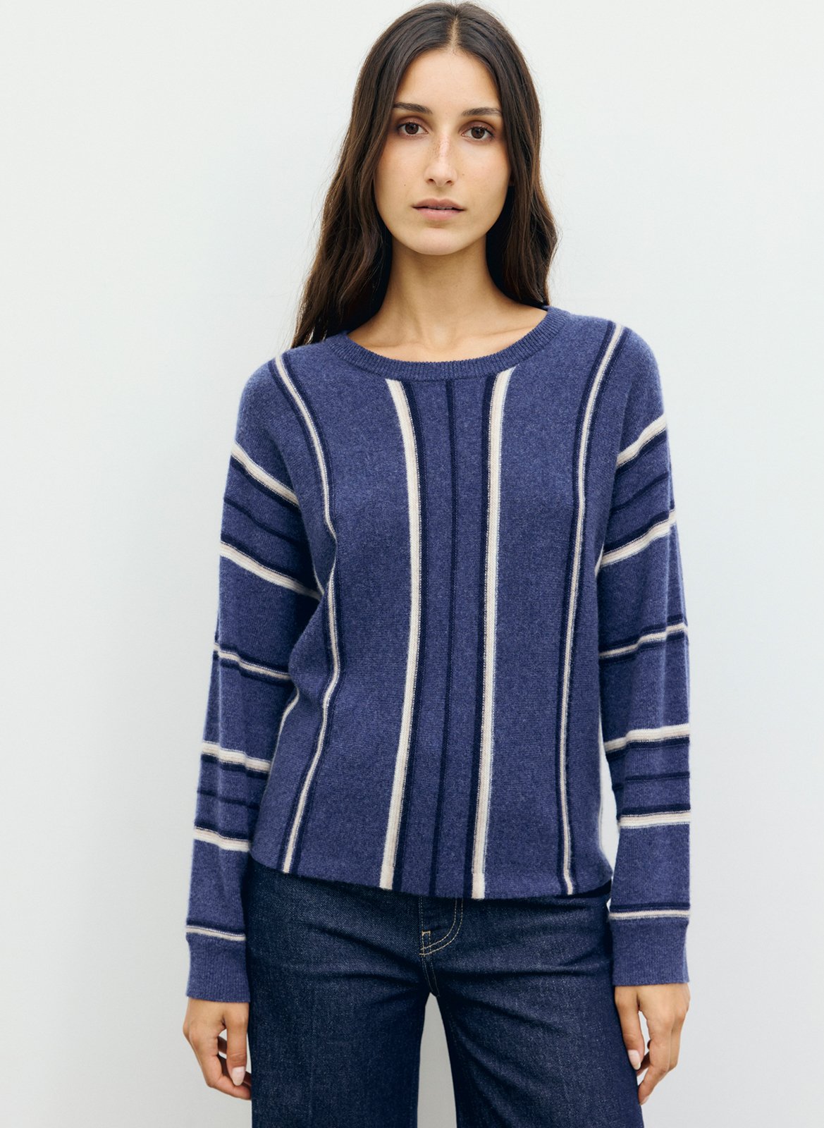 Pull droit col rond rayé en cachemire GERARD DAREL Bleu