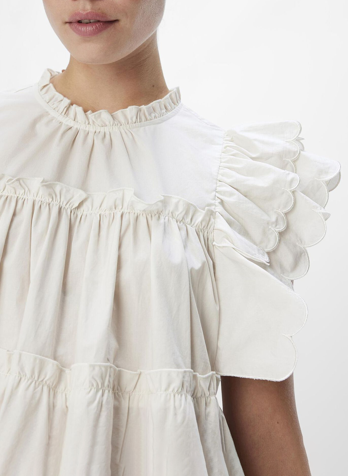 Short dress in cotton and organic cotton blend with ruffles OBJECT Beige