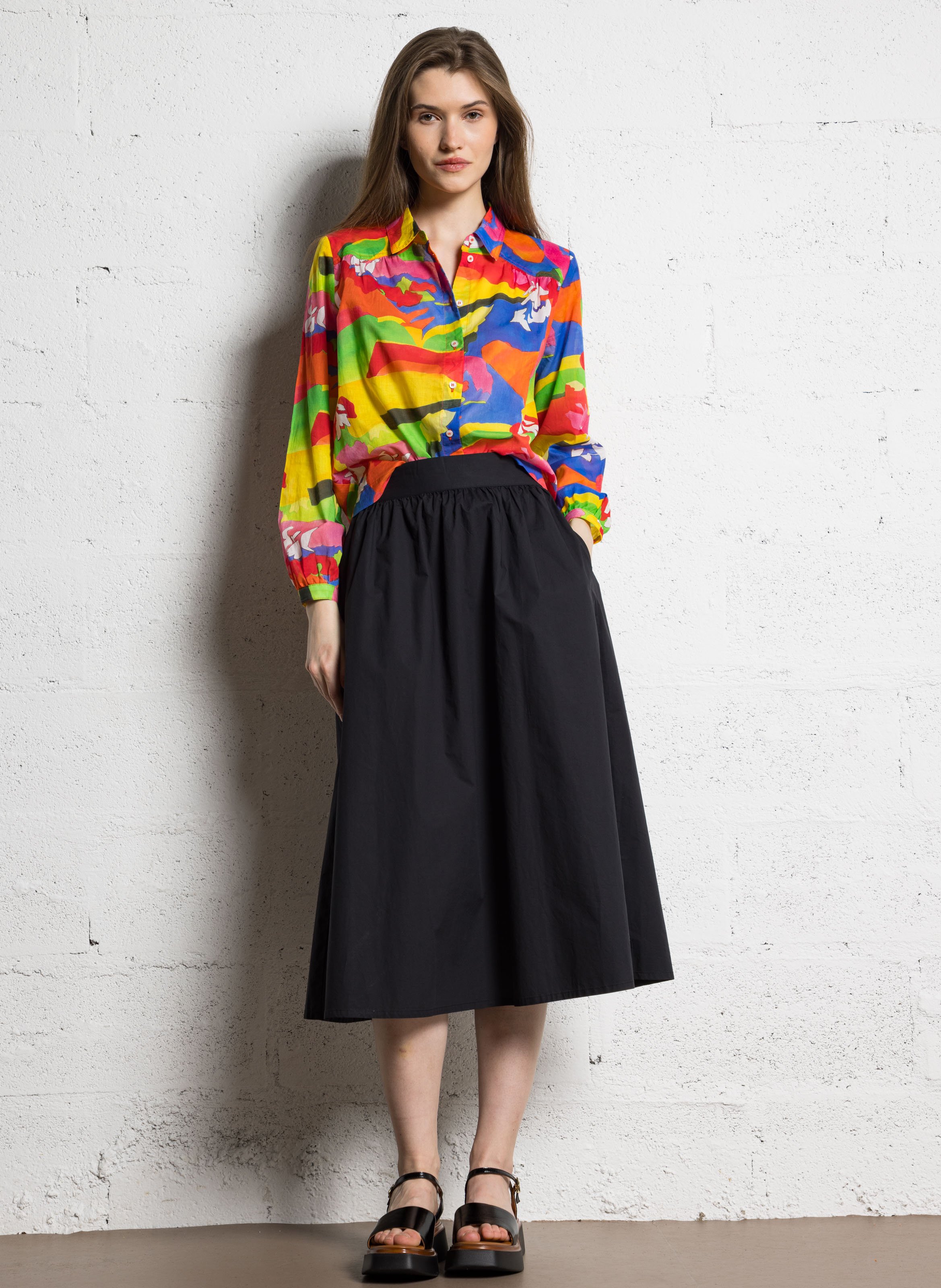 Jupe midi évasée taille haute en popeline de coton BELLA JONES Noir