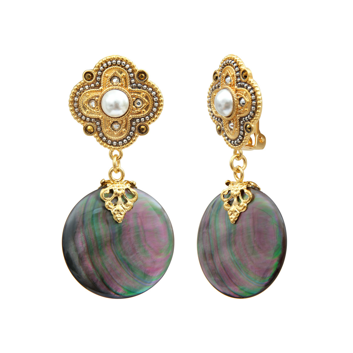 Clip-on dangling earrings Positano in mother-of-pearl and pearlescent cabochon SATELLITE PARIS Grey