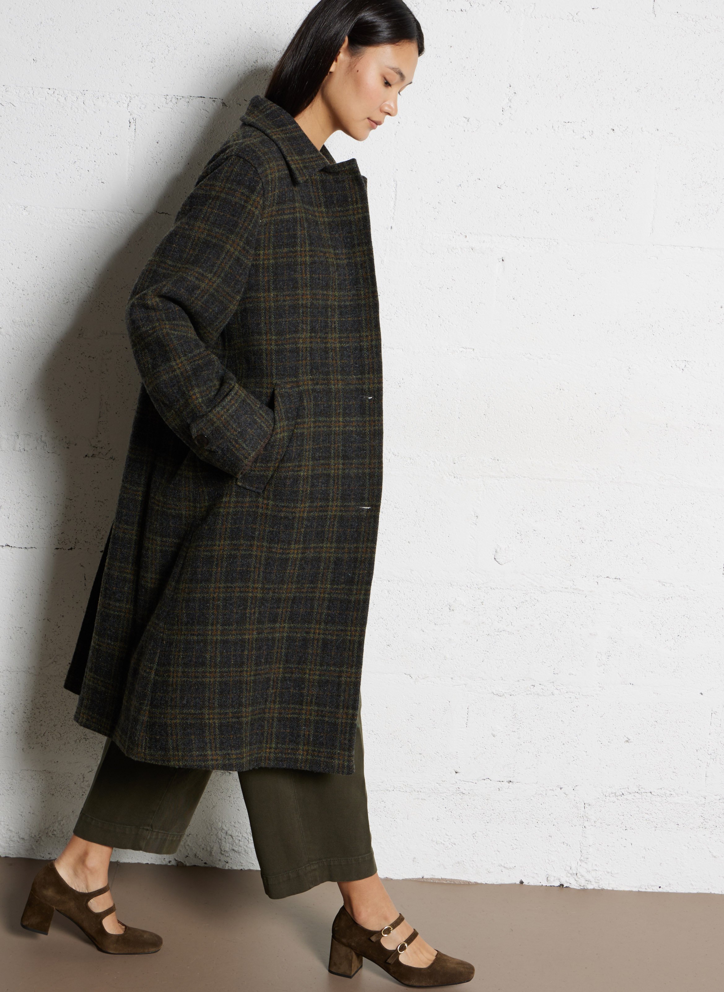A-line coat with classic collar in virgin wool plaid BELLEPIECE Yellow
