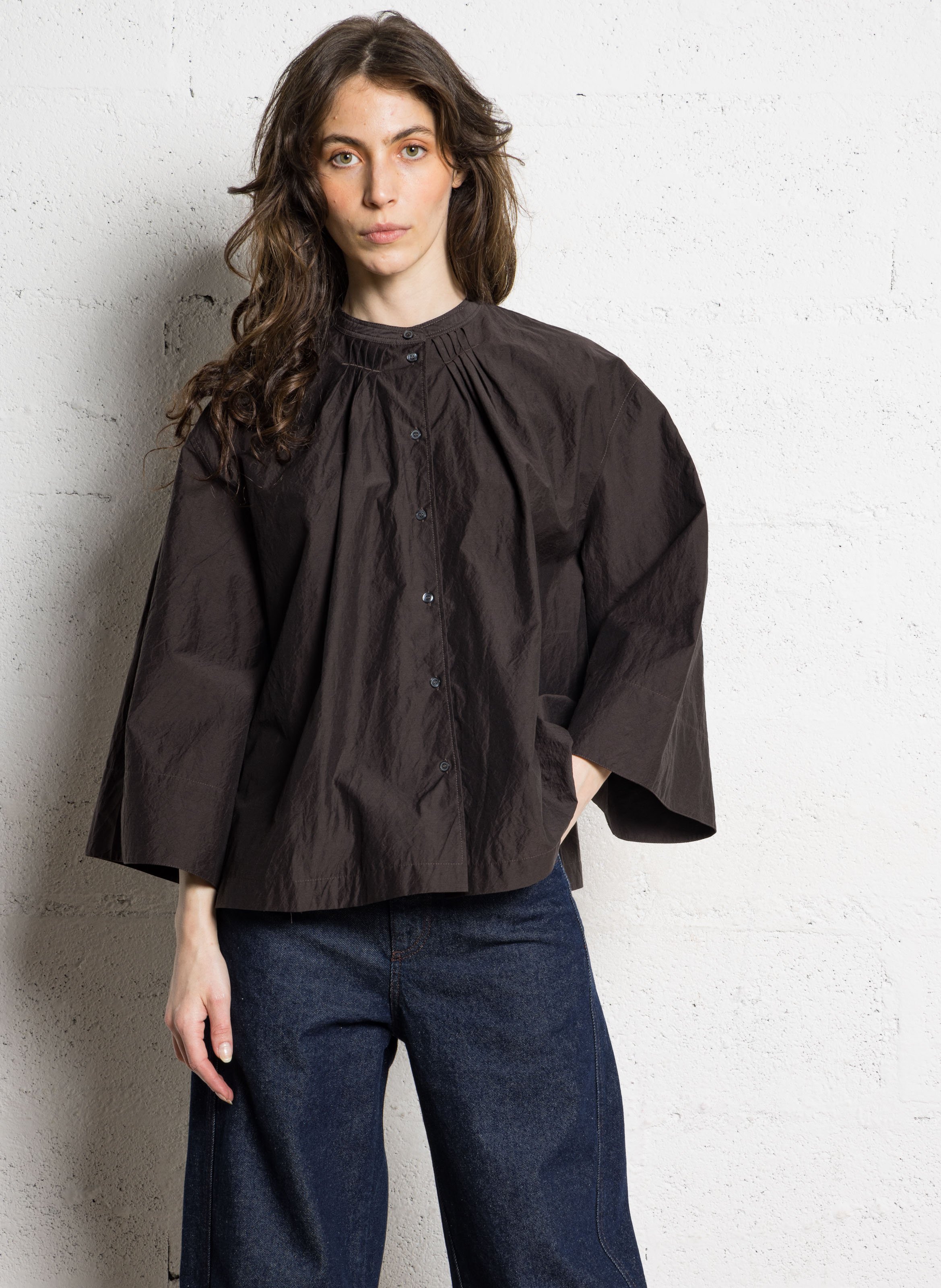 Round-neck cotton-blend blouse SOEUR Brown