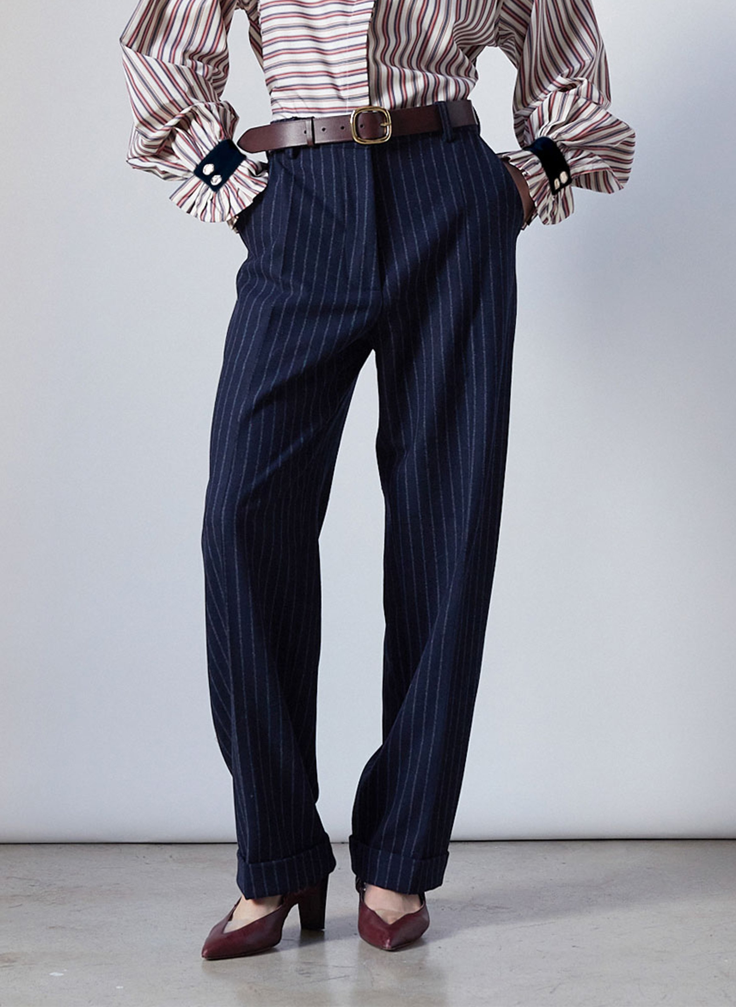 Pantalon large rayé en laine mélangée THE LABEL EDITION Bleu