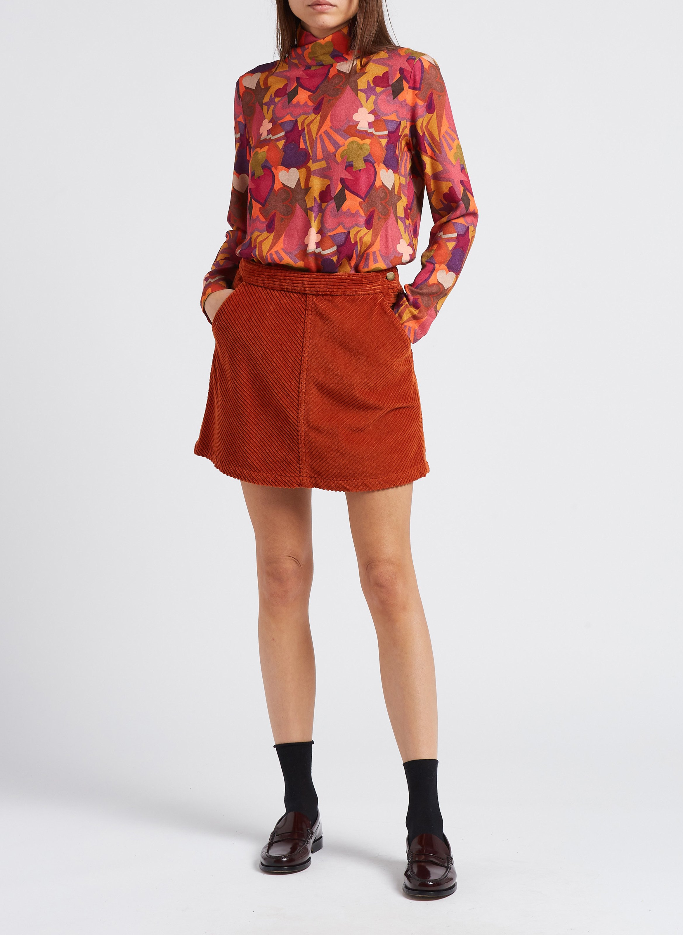High-waisted straight cotton-blend skirt SOI PARIS Orange