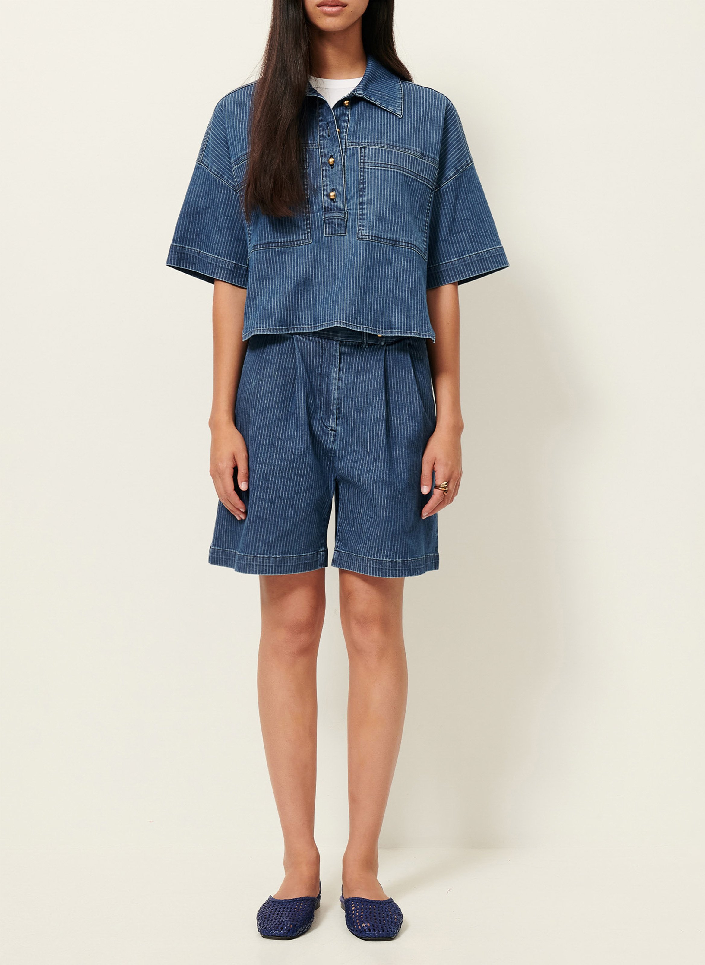 Ruime polo met korte mouwen in ruwe denim SESSUN Blauw