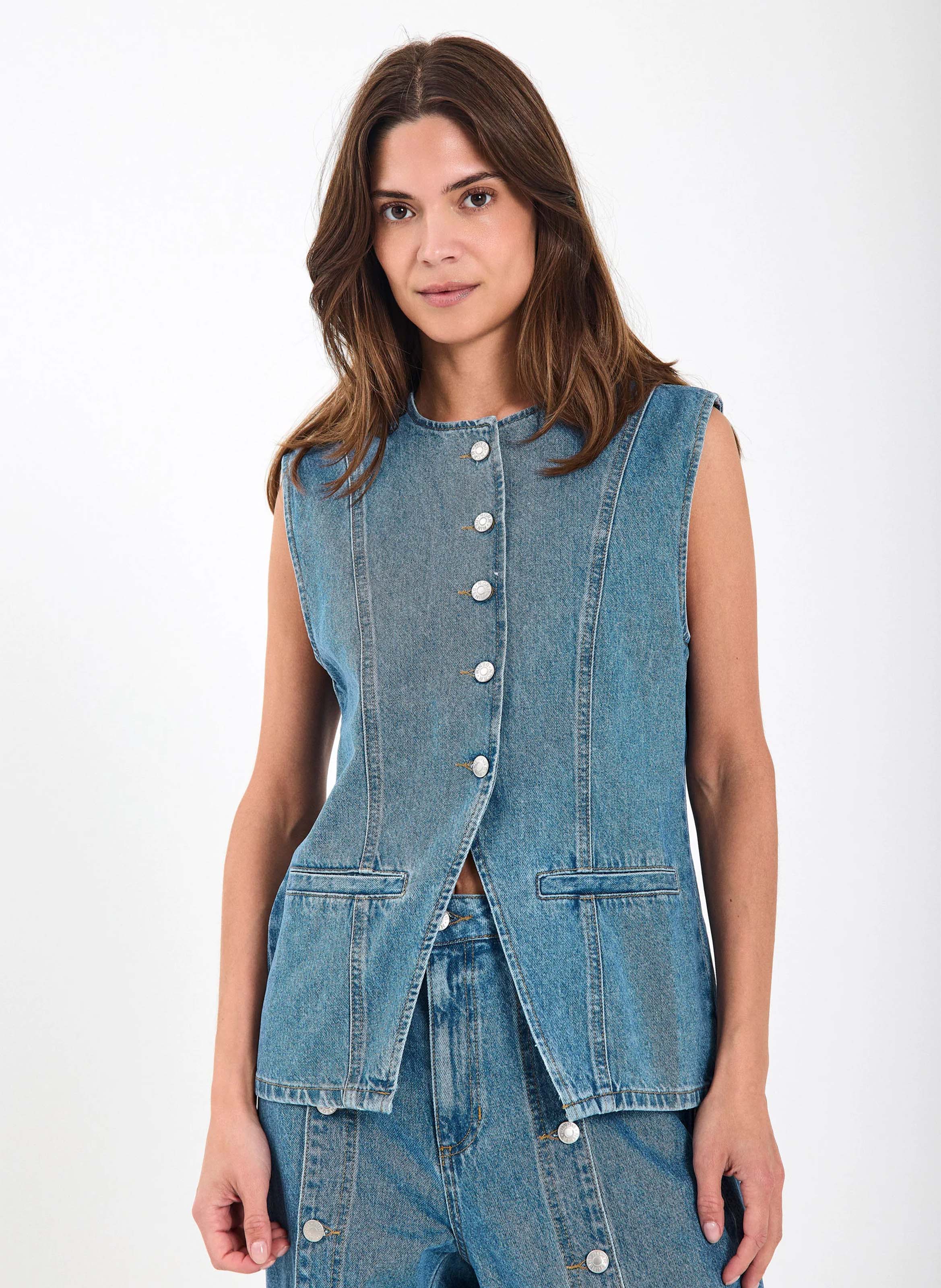 Round neck jacket in blended organic cotton NORR Blue