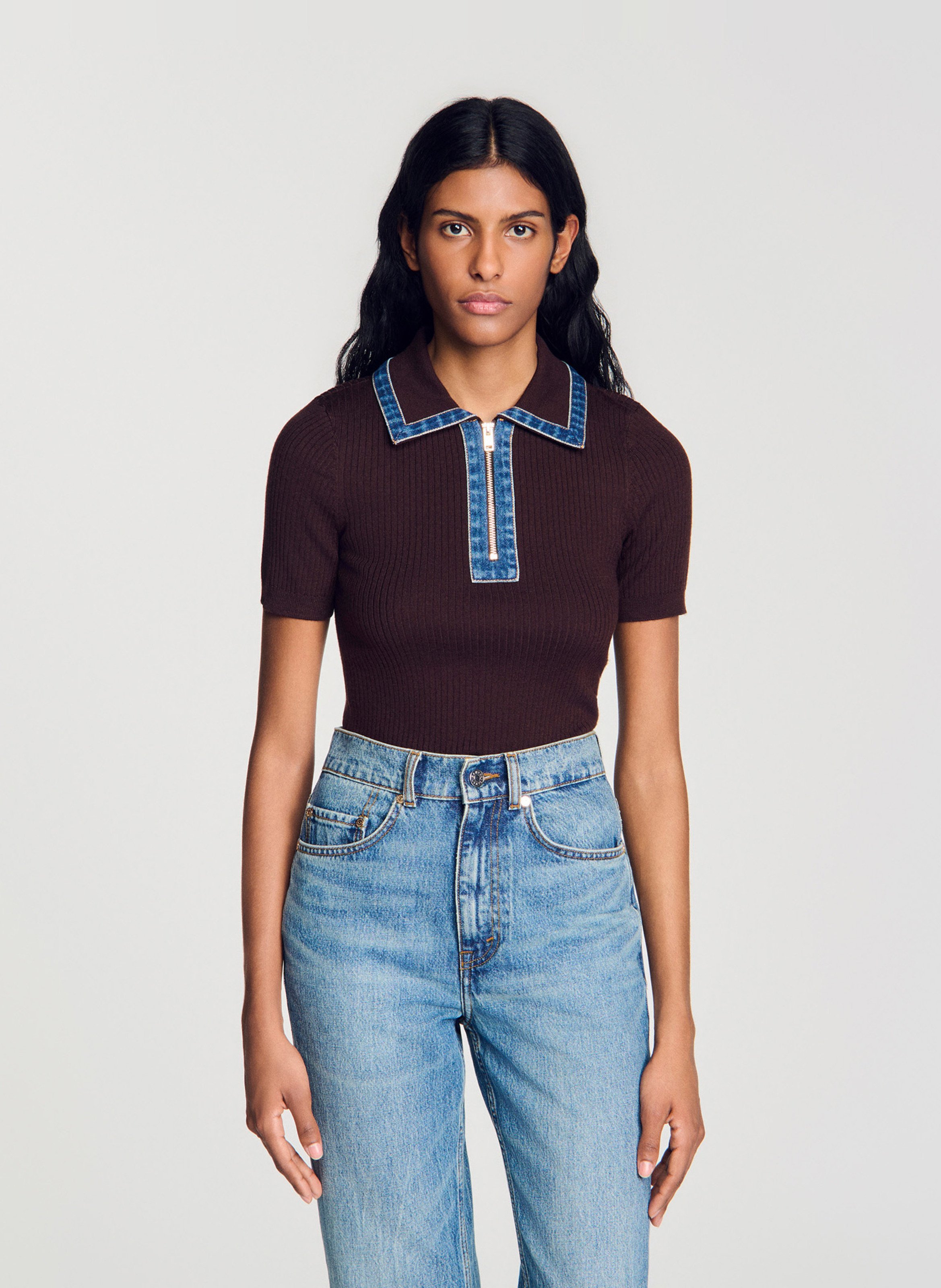 Pull manches courtes SANDRO Marron